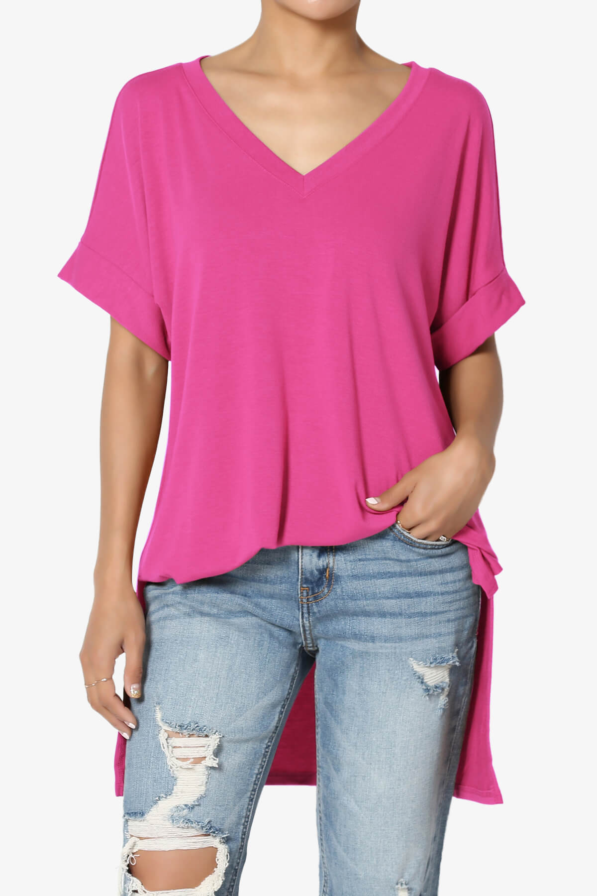 Onella V-Neck Rolled Short Sleeve Top HOT PINK_1