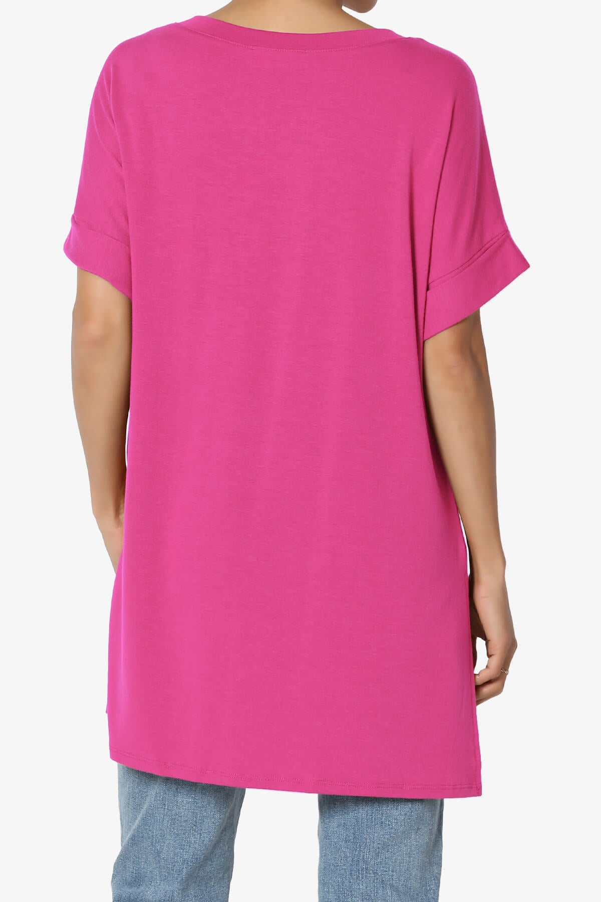 Onella V-Neck Rolled Short Sleeve Top HOT PINK_2