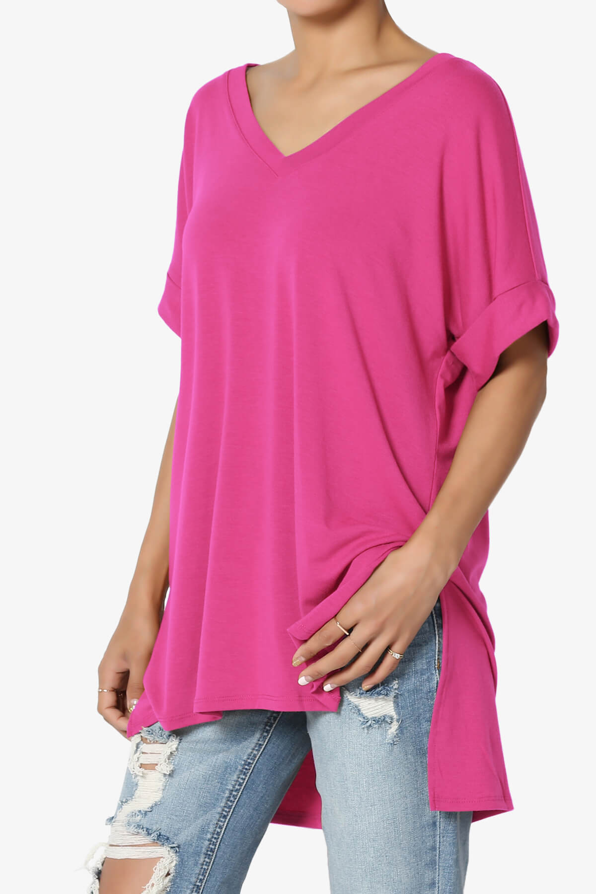 Onella V-Neck Rolled Short Sleeve Top HOT PINK_3