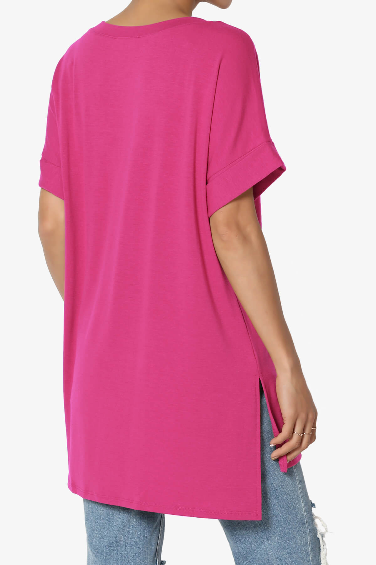 Onella V-Neck Rolled Short Sleeve Top HOT PINK_4