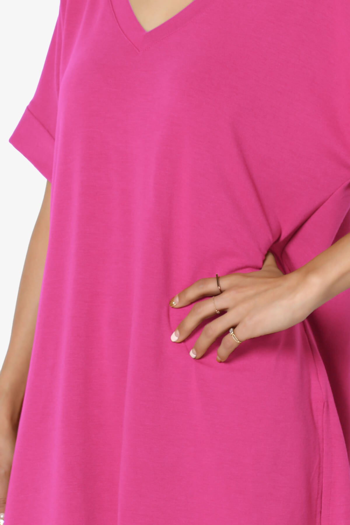 Onella V-Neck Rolled Short Sleeve Top HOT PINK_5