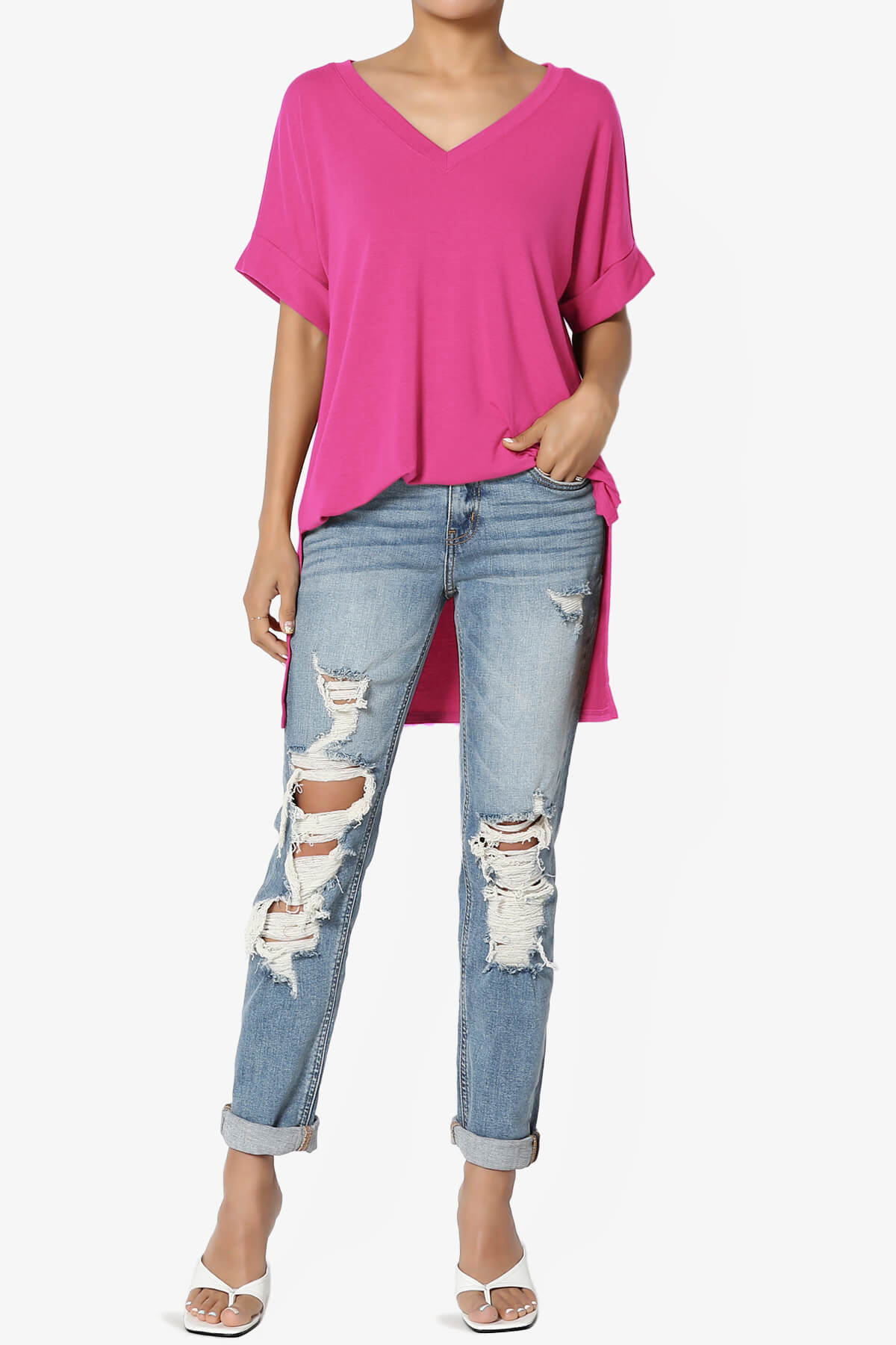 Onella V-Neck Rolled Short Sleeve Top HOT PINK_6