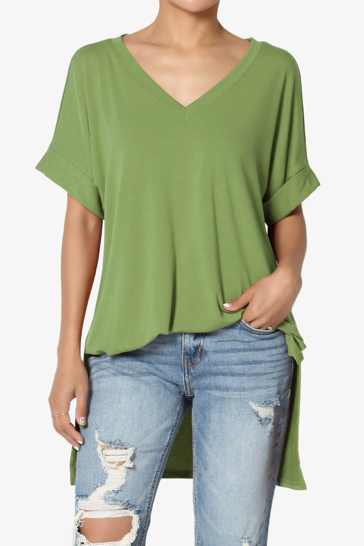 Onella V-Neck Rolled Short Sleeve Top KIWI_1