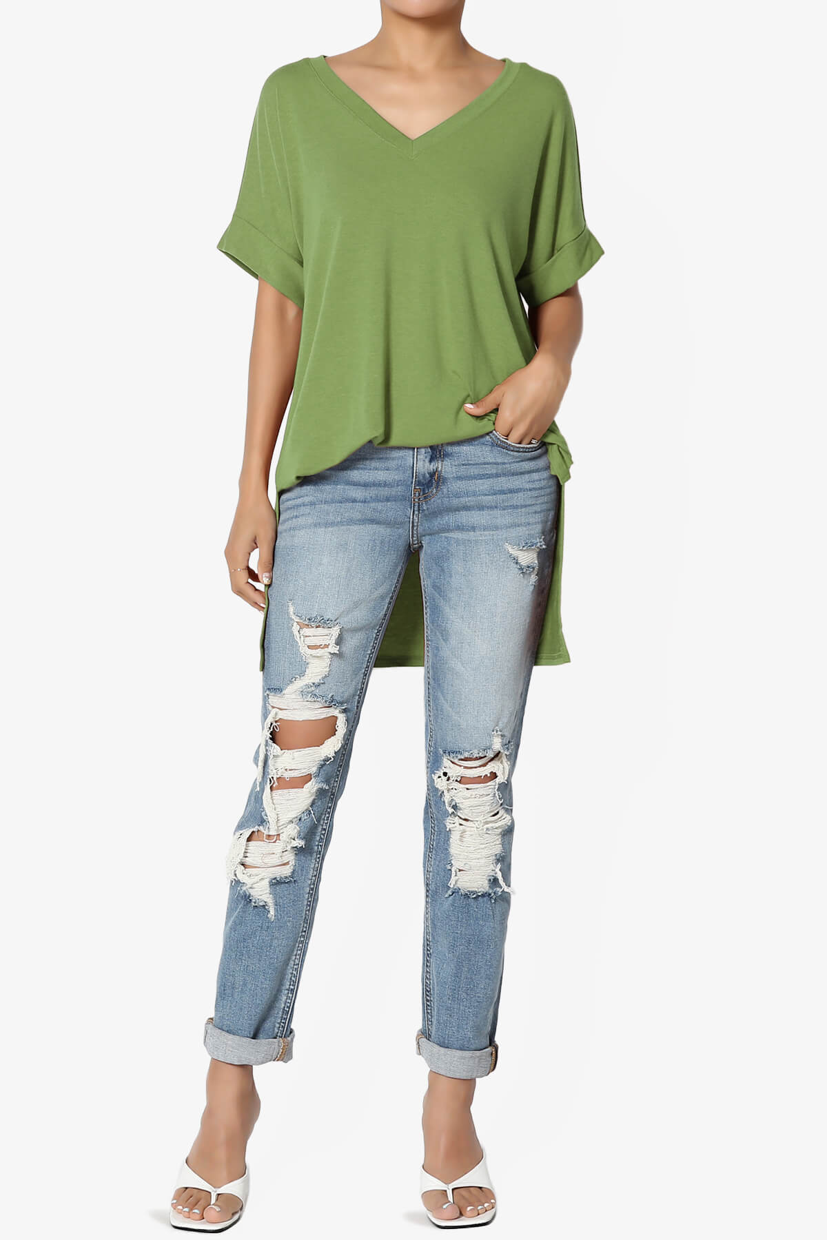 Onella V-Neck Rolled Short Sleeve Top KIWI_6