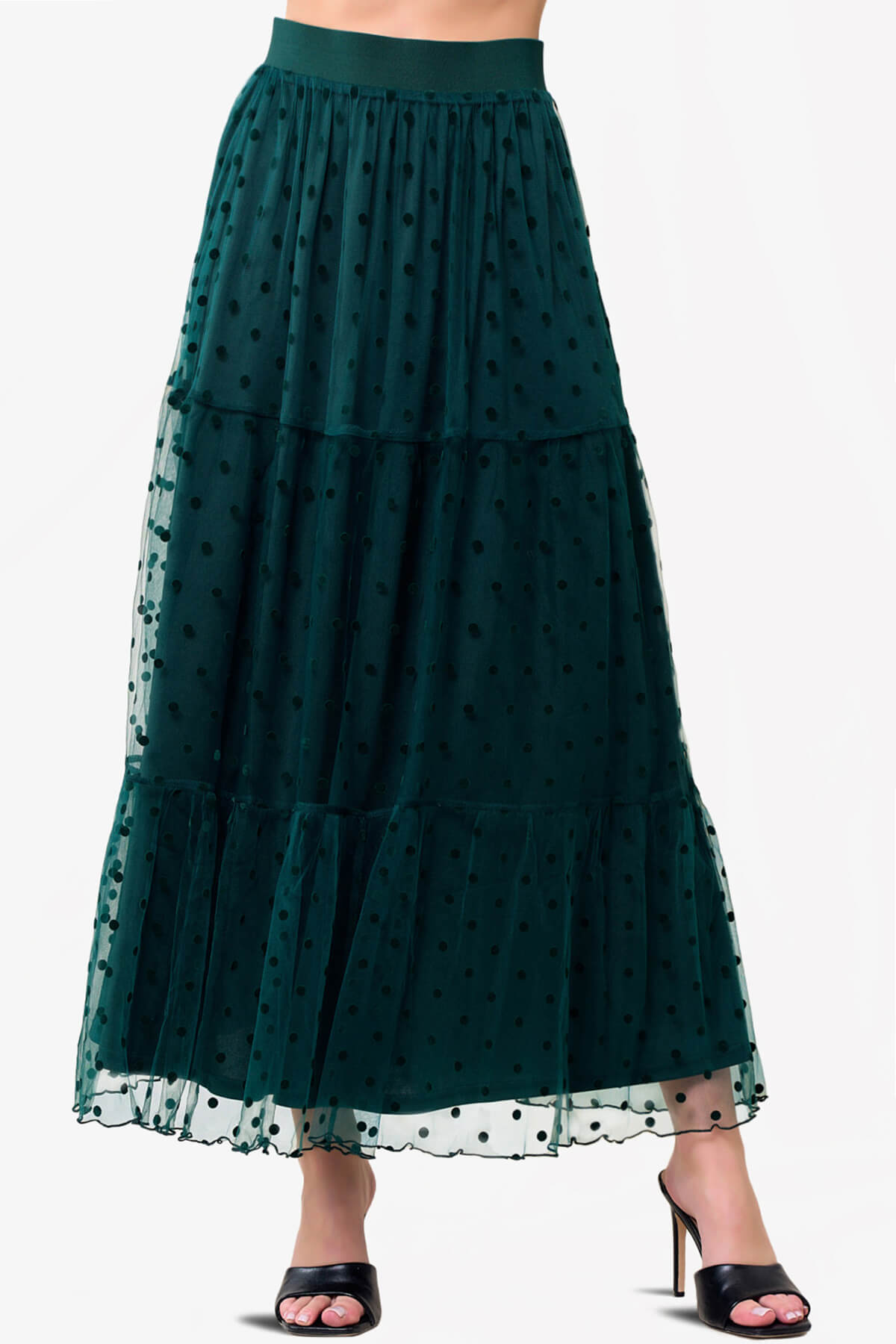 Raige Mesh Dot Tiered A-Line Maxi Skirt FOREST GREEN_1