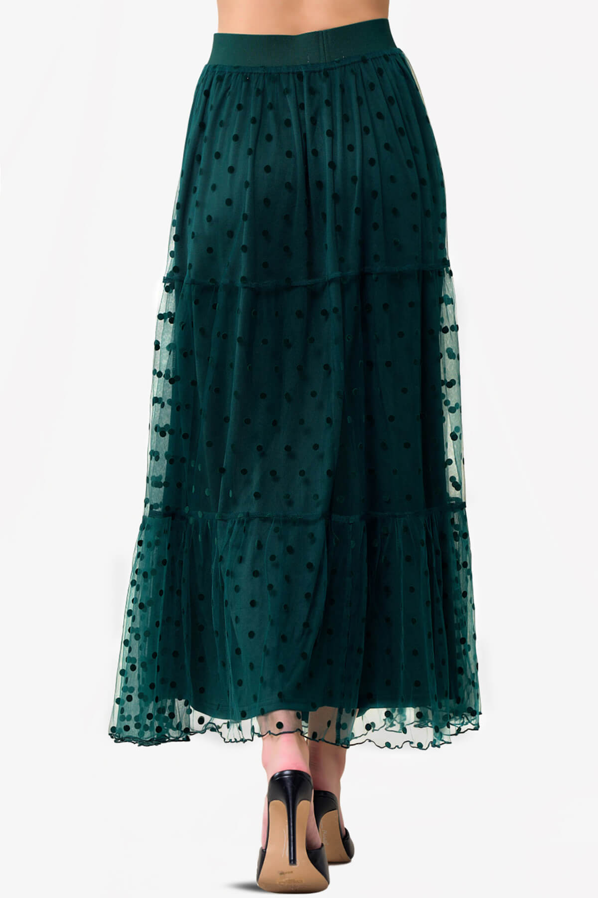 Raige Mesh Dot Tiered A-Line Maxi Skirt FOREST GREEN_2