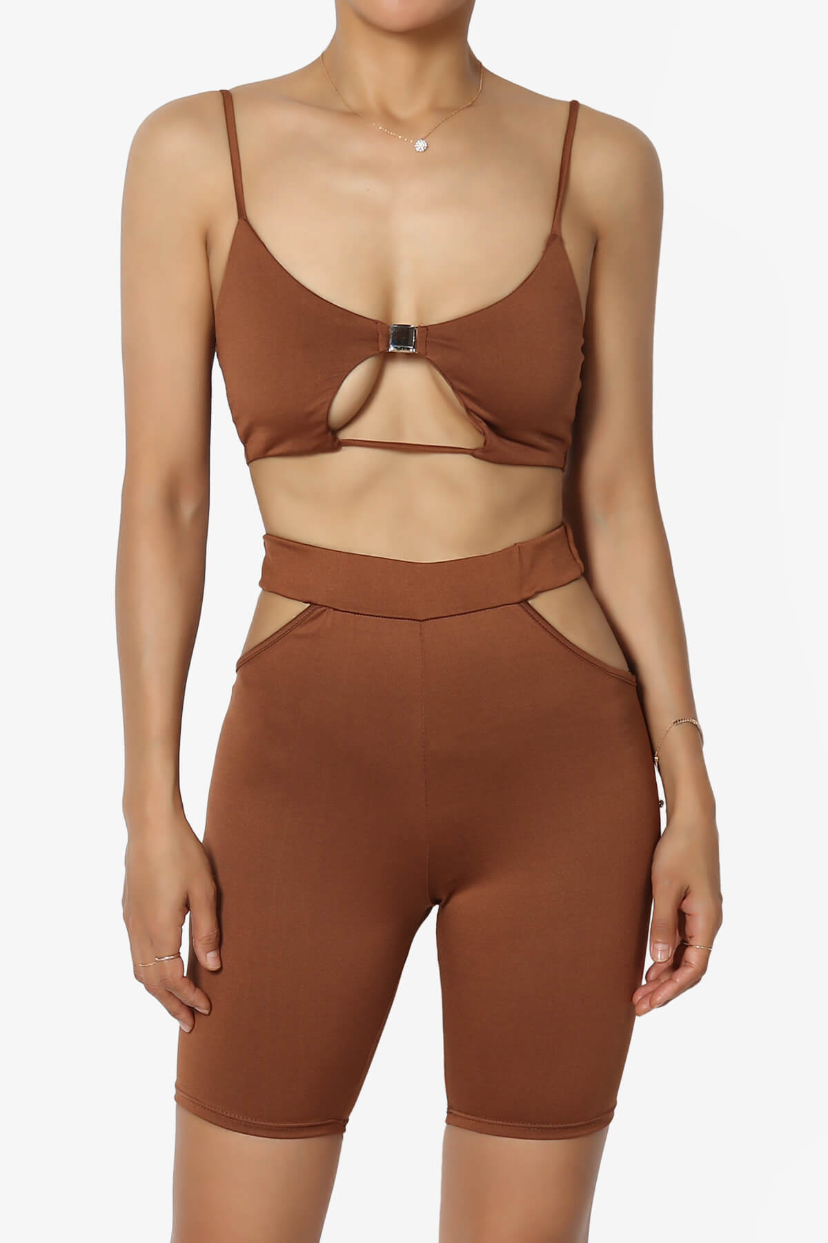 Rally Cut Out Bra Top & Biker Shorts SET LIGHT BROWN_1