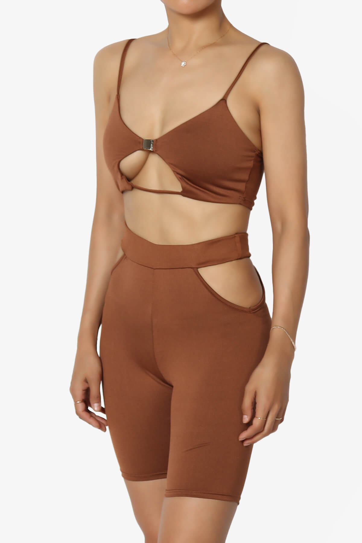 Rally Cut Out Bra Top & Biker Shorts SET LIGHT BROWN_3