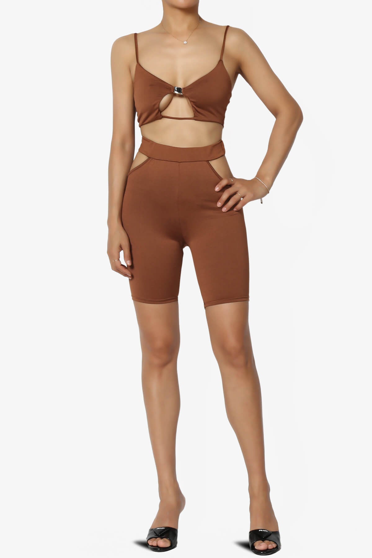 Rally Cut Out Bra Top & Biker Shorts SET LIGHT BROWN_6