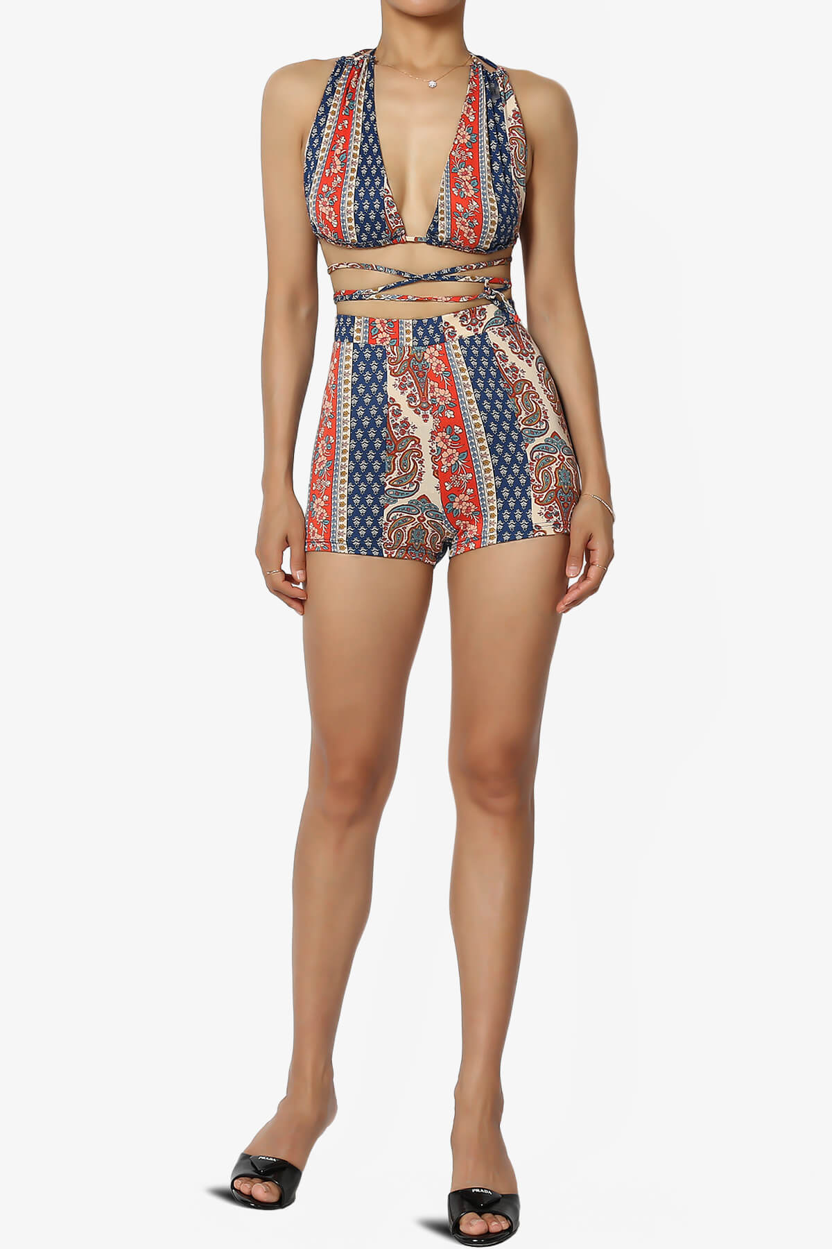 Rally Printed Halter Bra Top & Mini Shorts SET NAVY_6