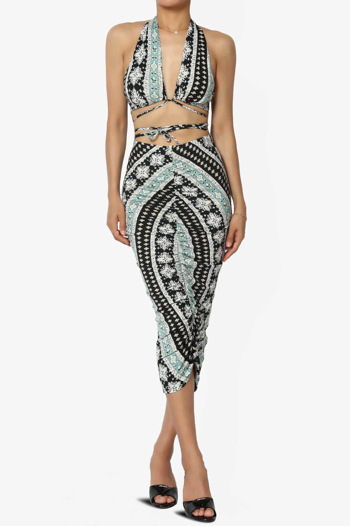 Rally Printed Halter Bra Top & Ruched Midi Skirt SET BLACK_1