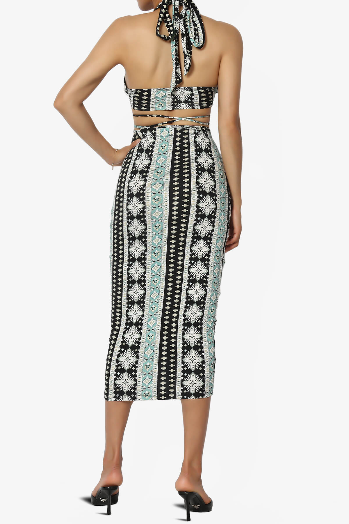 Rally Printed Halter Bra Top & Ruched Midi Skirt SET BLACK_2