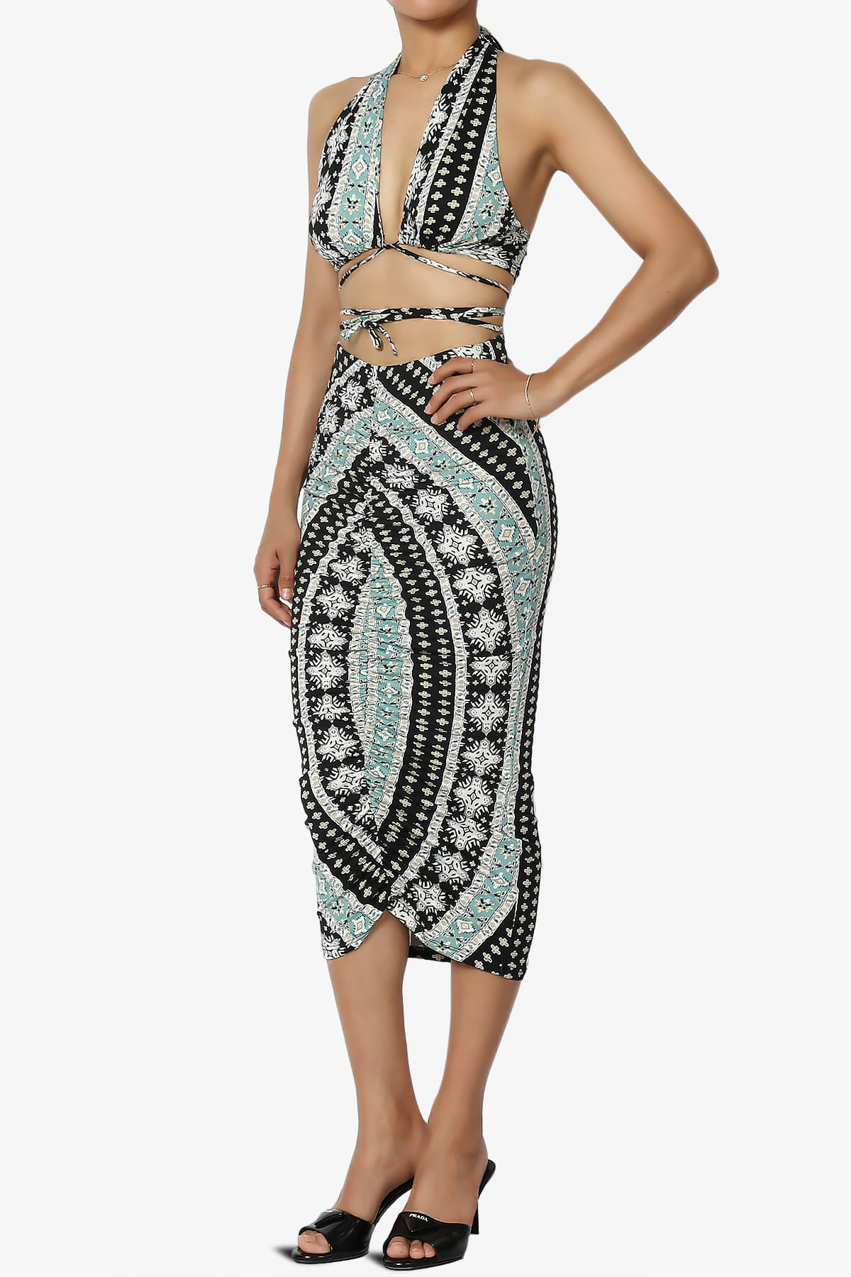 Rally Printed Halter Bra Top & Ruched Midi Skirt SET BLACK_3