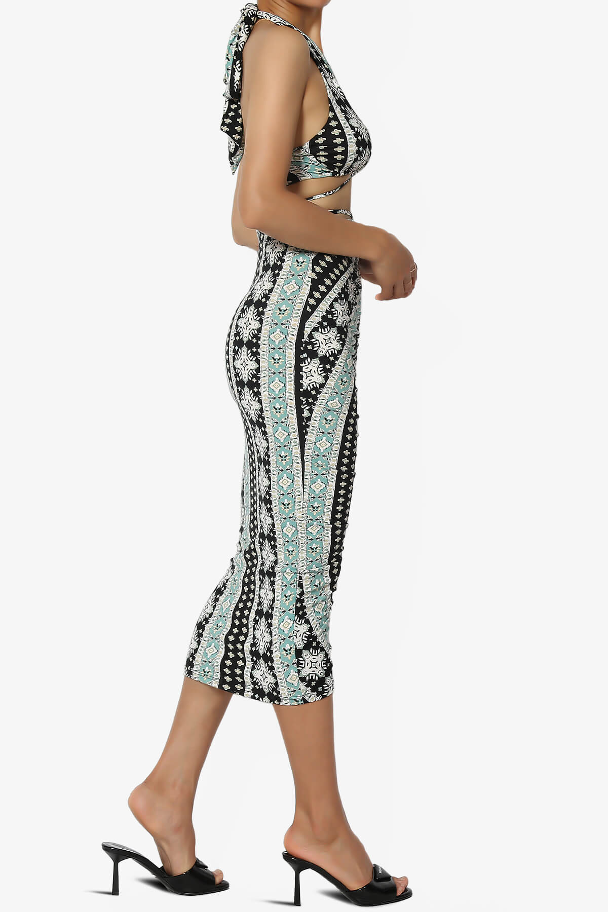 Rally Printed Halter Bra Top & Ruched Midi Skirt SET BLACK_4