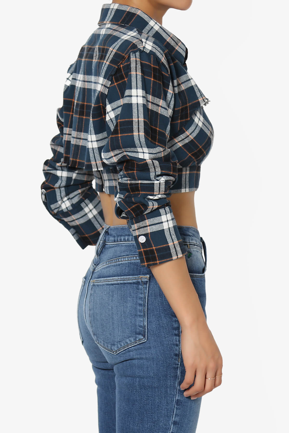Remmi Cropped Plaid Button Down Shirt BLUE_4