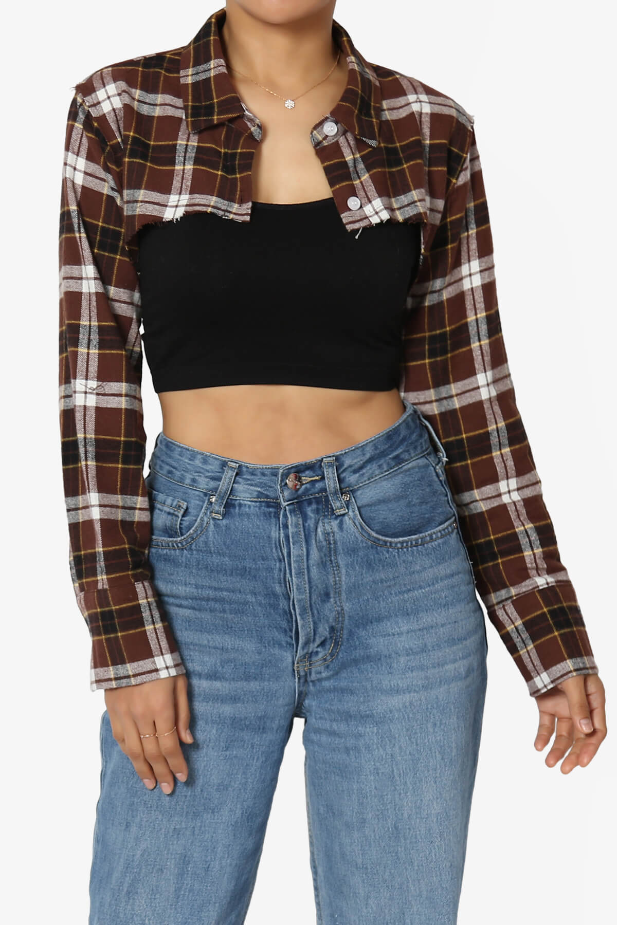 Remmi Cropped Plaid Button Down Shirt BROWN_1