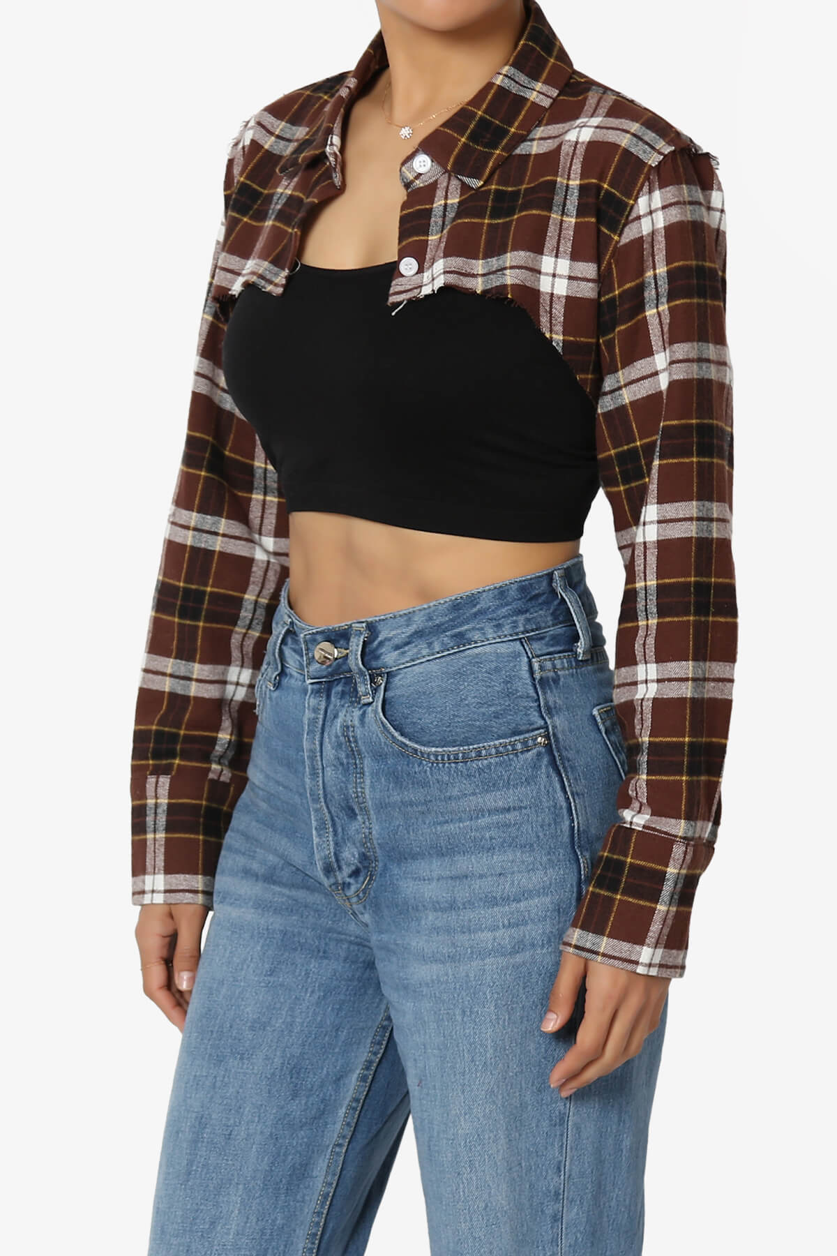 Remmi Cropped Plaid Button Down Shirt BROWN_3