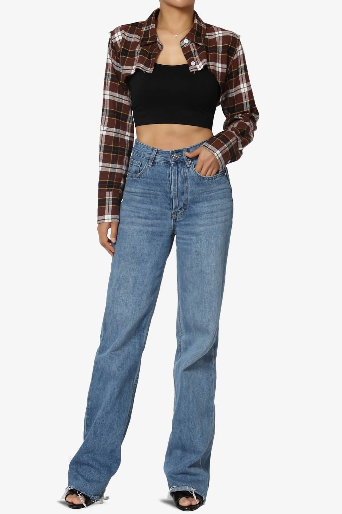 Remmi Cropped Plaid Button Down Shirt BROWN_6