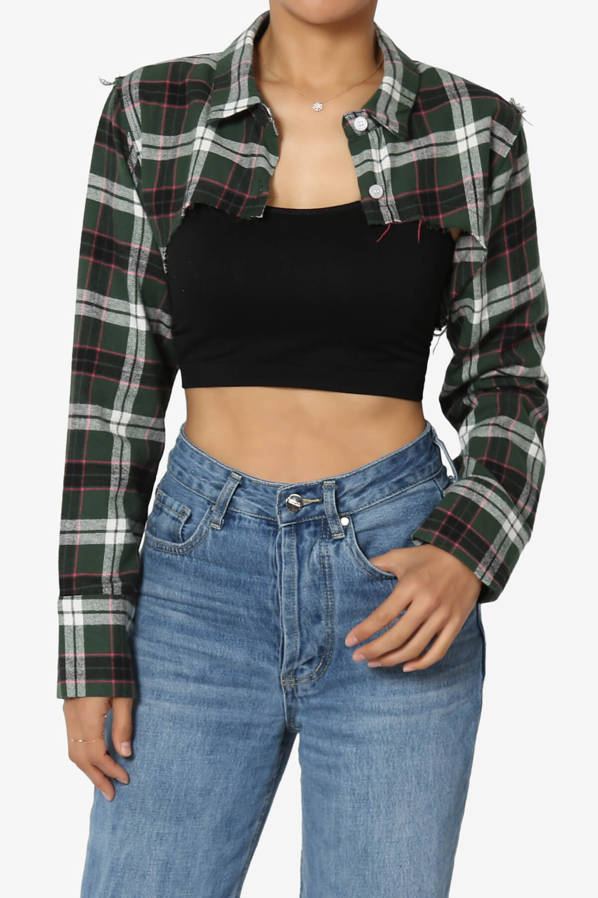 Remmi Cropped Plaid Button Down Shirt GREEN_1