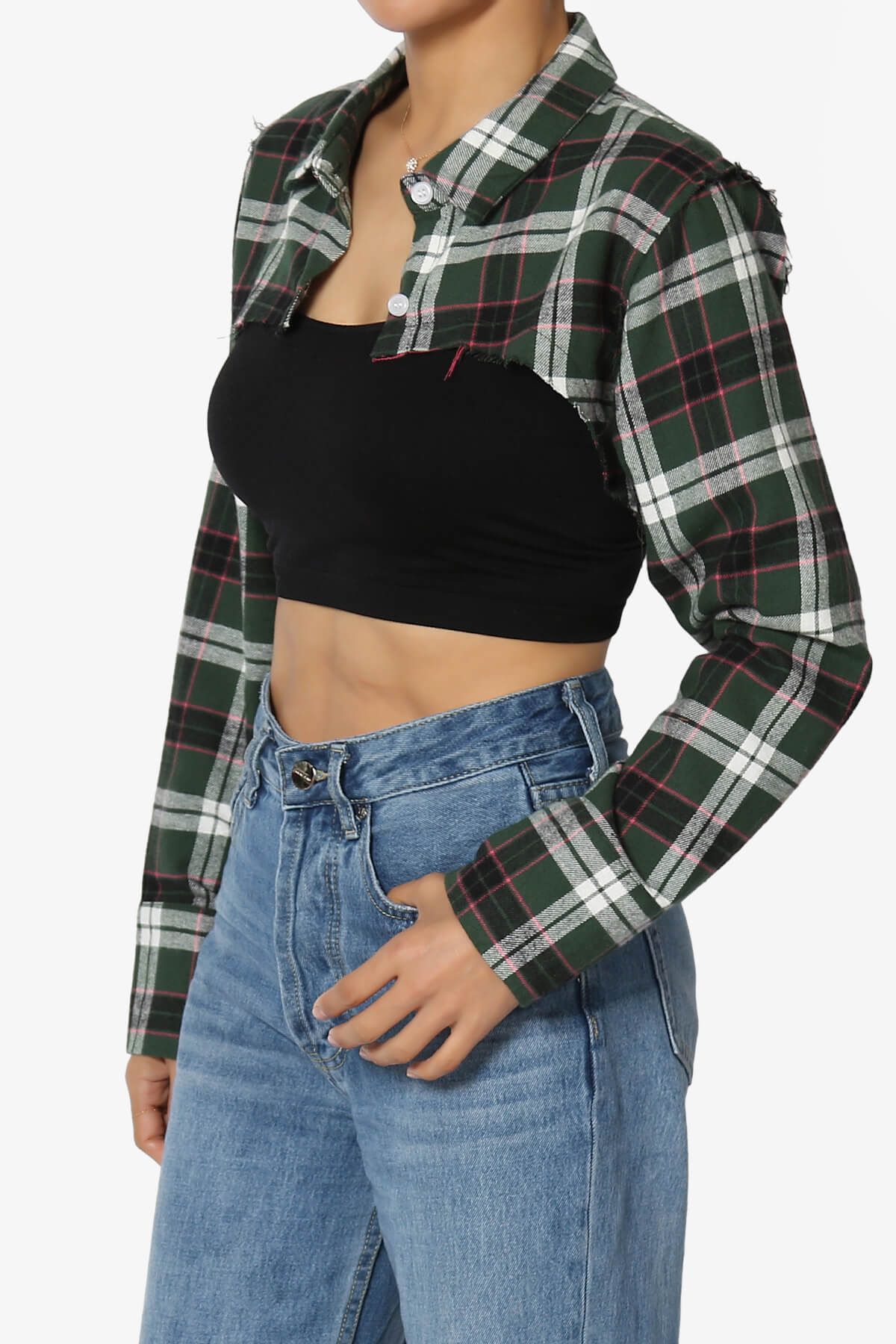Remmi Cropped Plaid Button Down Shirt GREEN_3