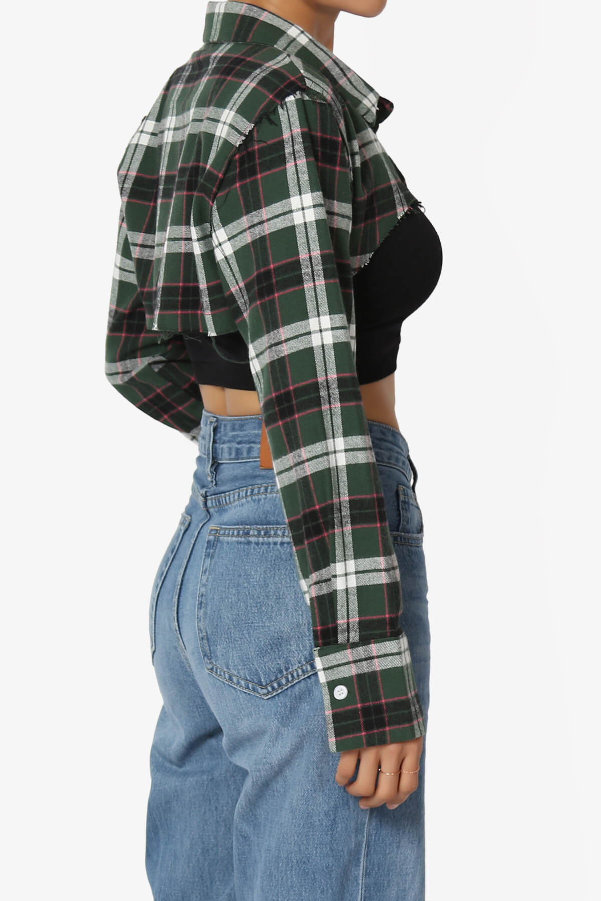 Remmi Cropped Plaid Button Down Shirt GREEN_4