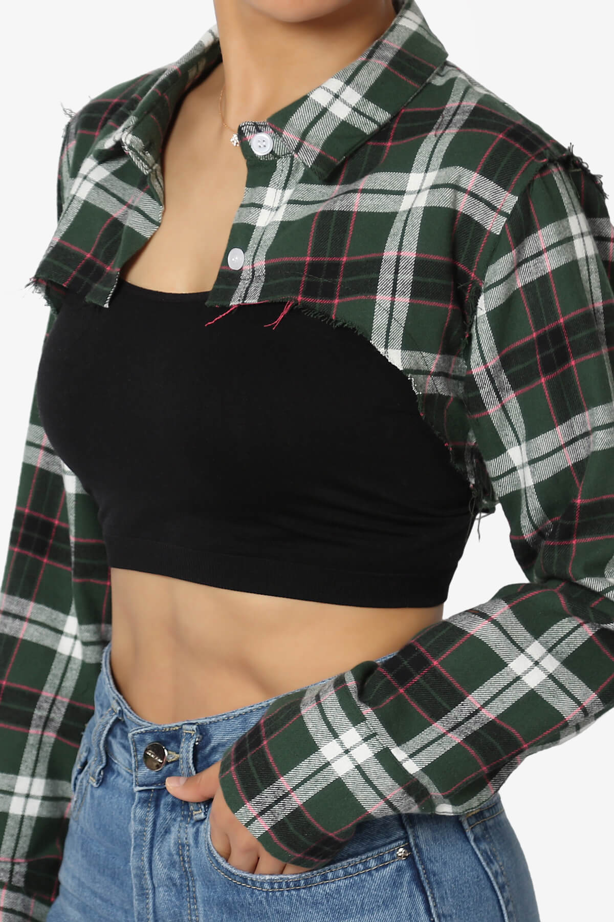 Remmi Cropped Plaid Button Down Shirt GREEN_5
