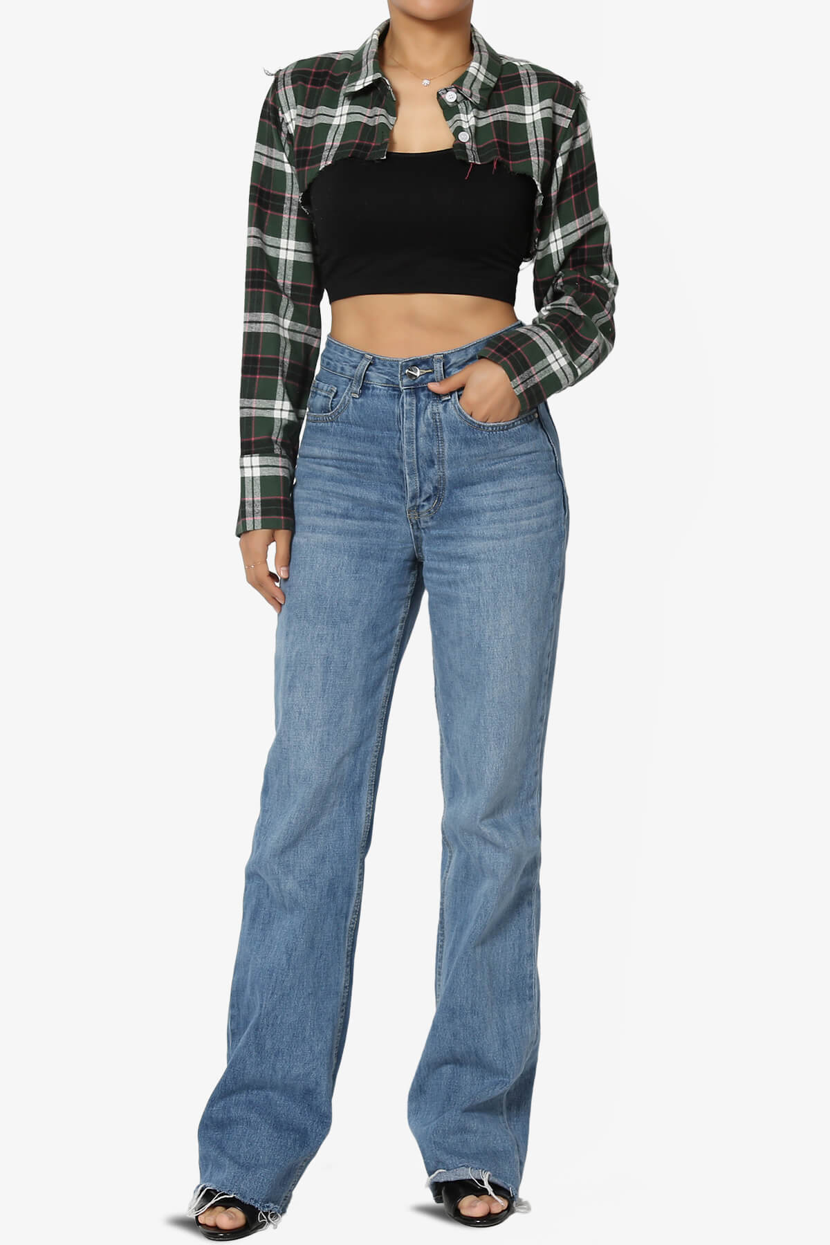 Remmi Cropped Plaid Button Down Shirt GREEN_6
