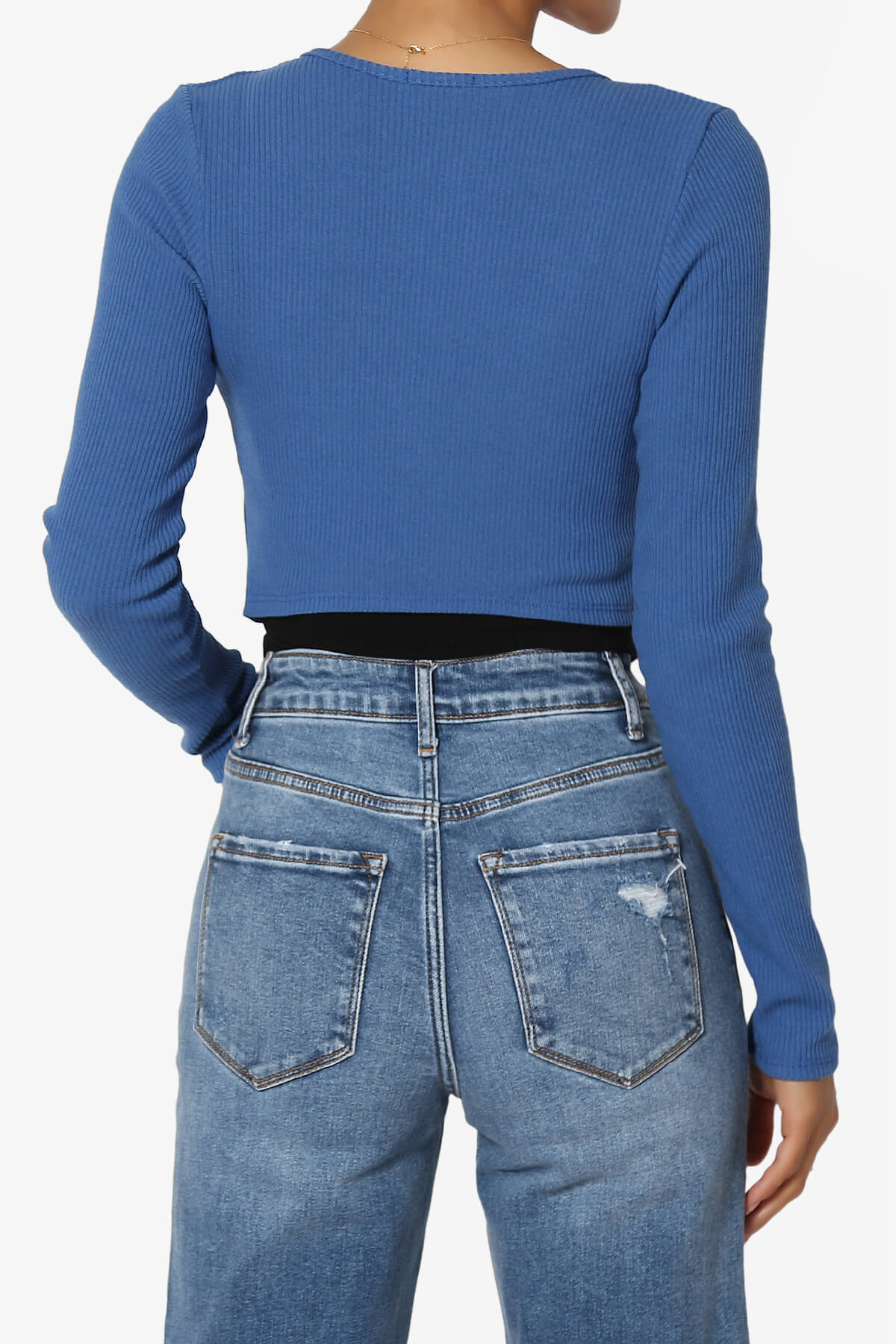 Roca Tie Front Long Sleeve Ribbed Crop Cardigan BLUE_2