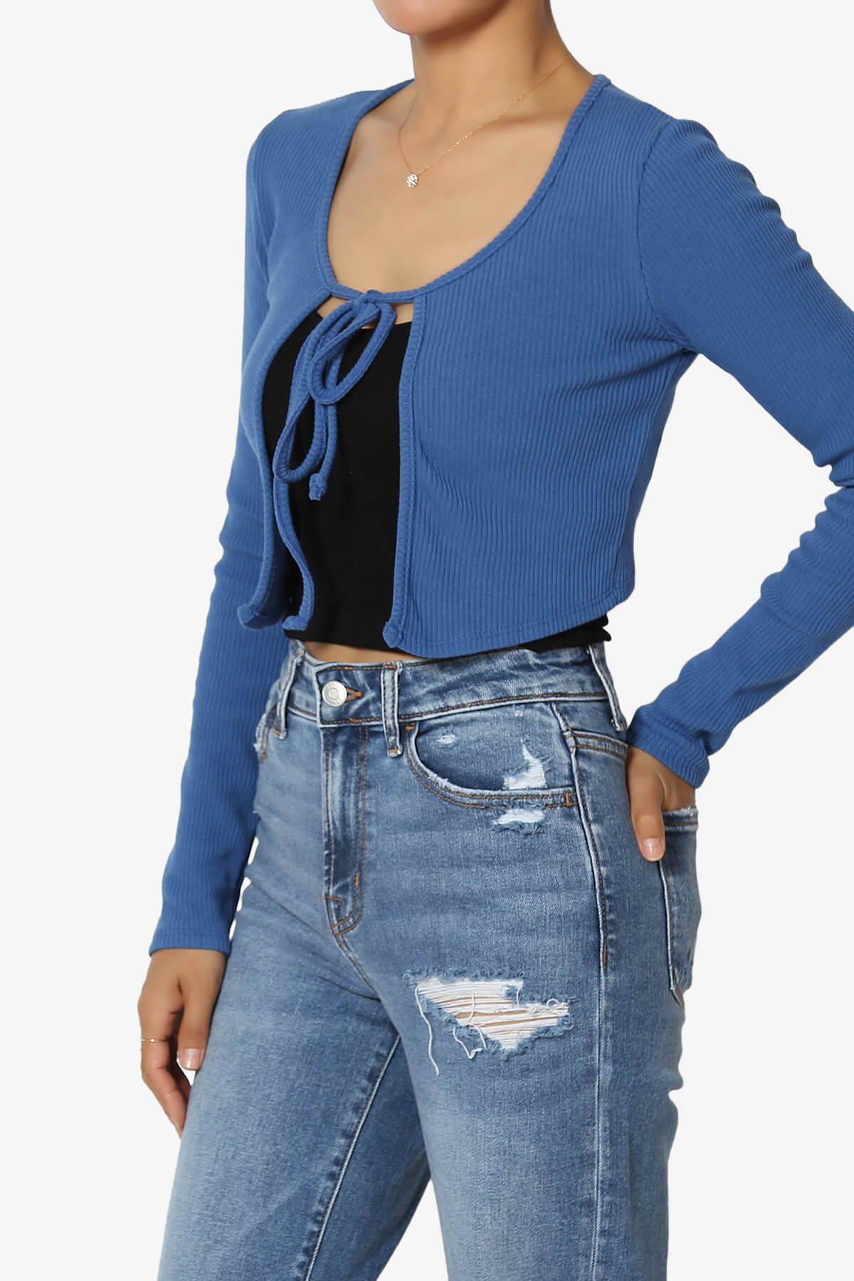 Roca Tie Front Long Sleeve Ribbed Crop Cardigan BLUE_3