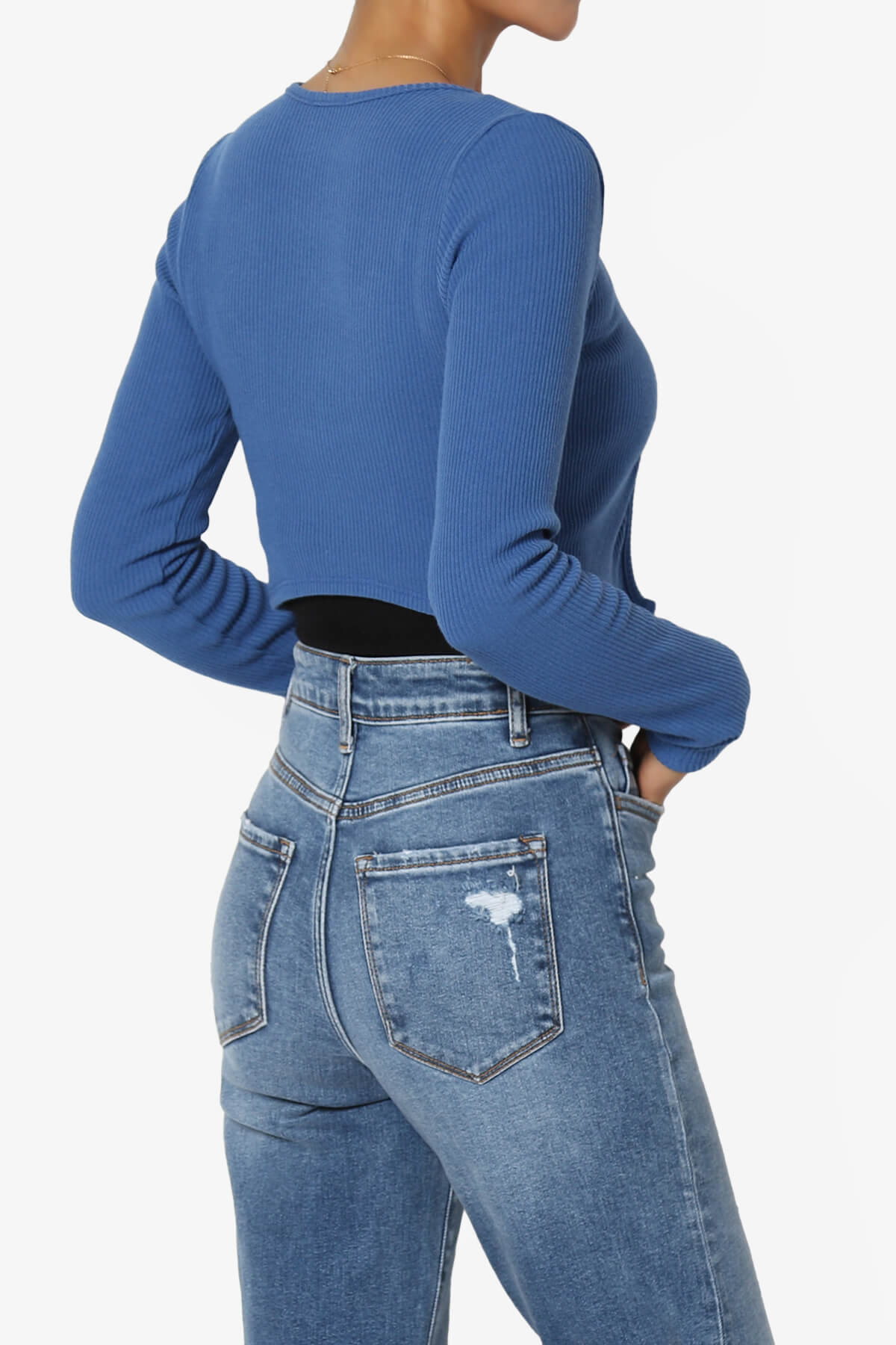 Roca Tie Front Long Sleeve Ribbed Crop Cardigan BLUE_4