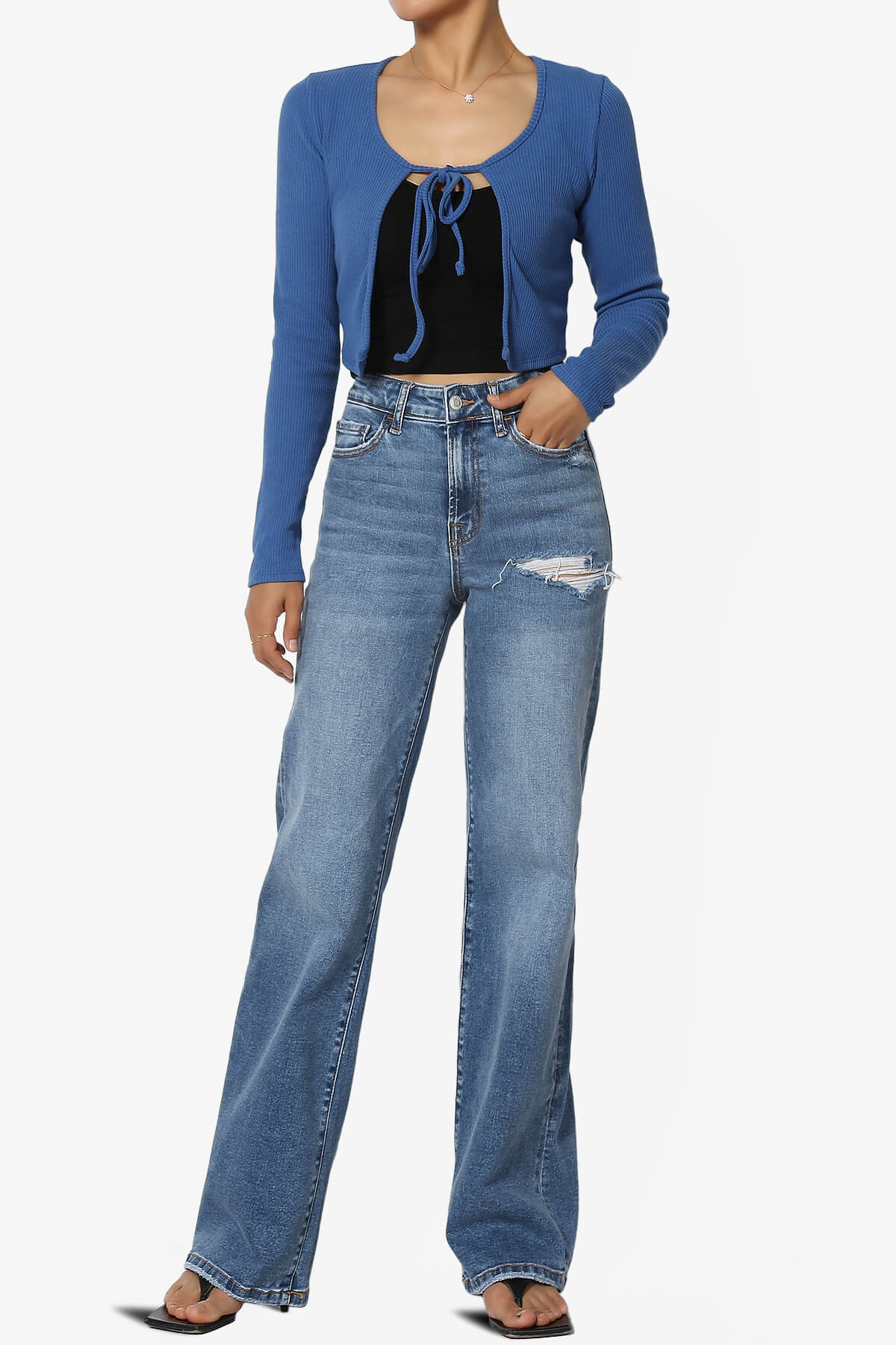 Roca Tie Front Long Sleeve Ribbed Crop Cardigan BLUE_6