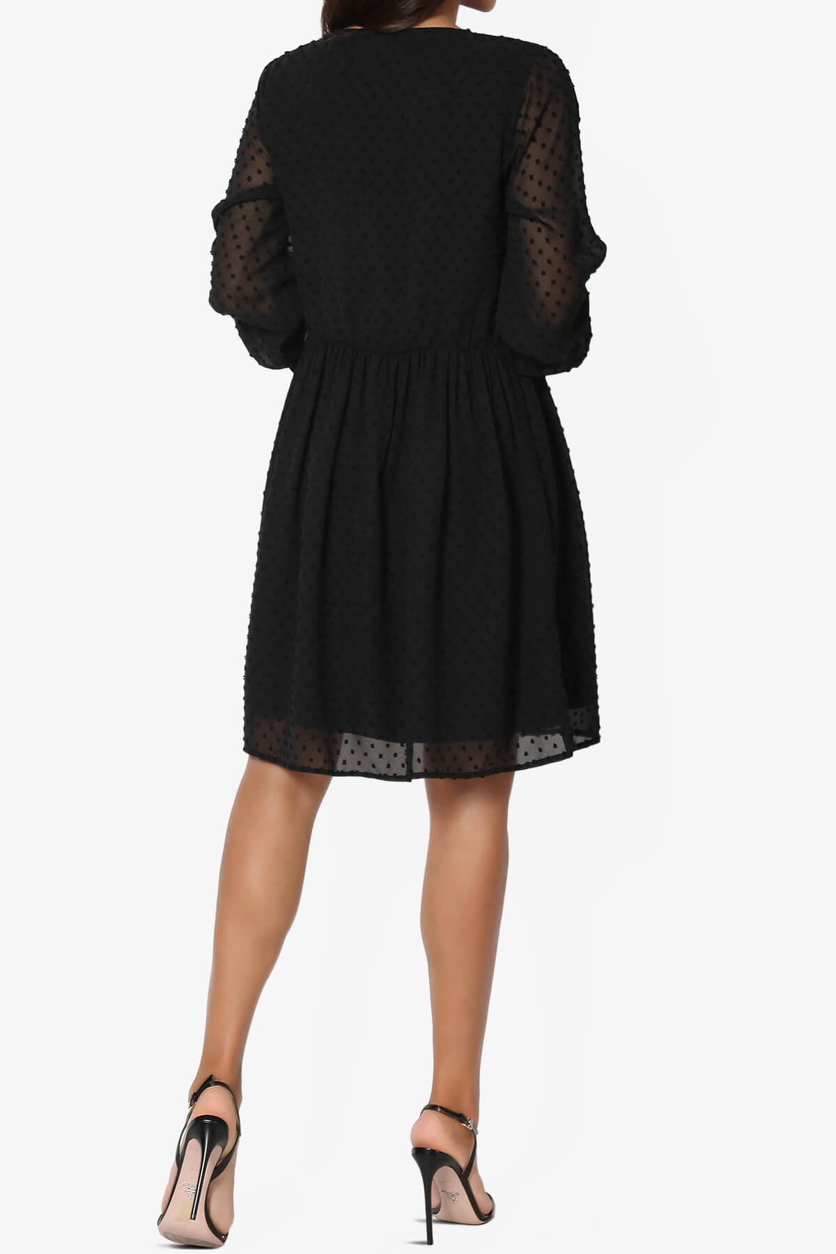 Sandra Swiss Dot Long Sleeve V-Neck Dress BLACK_2