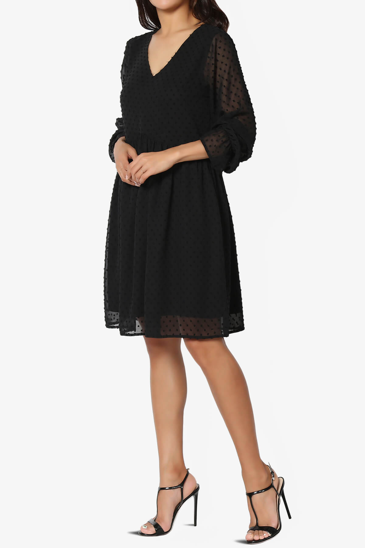 Sandra Swiss Dot Long Sleeve V-Neck Dress BLACK_3