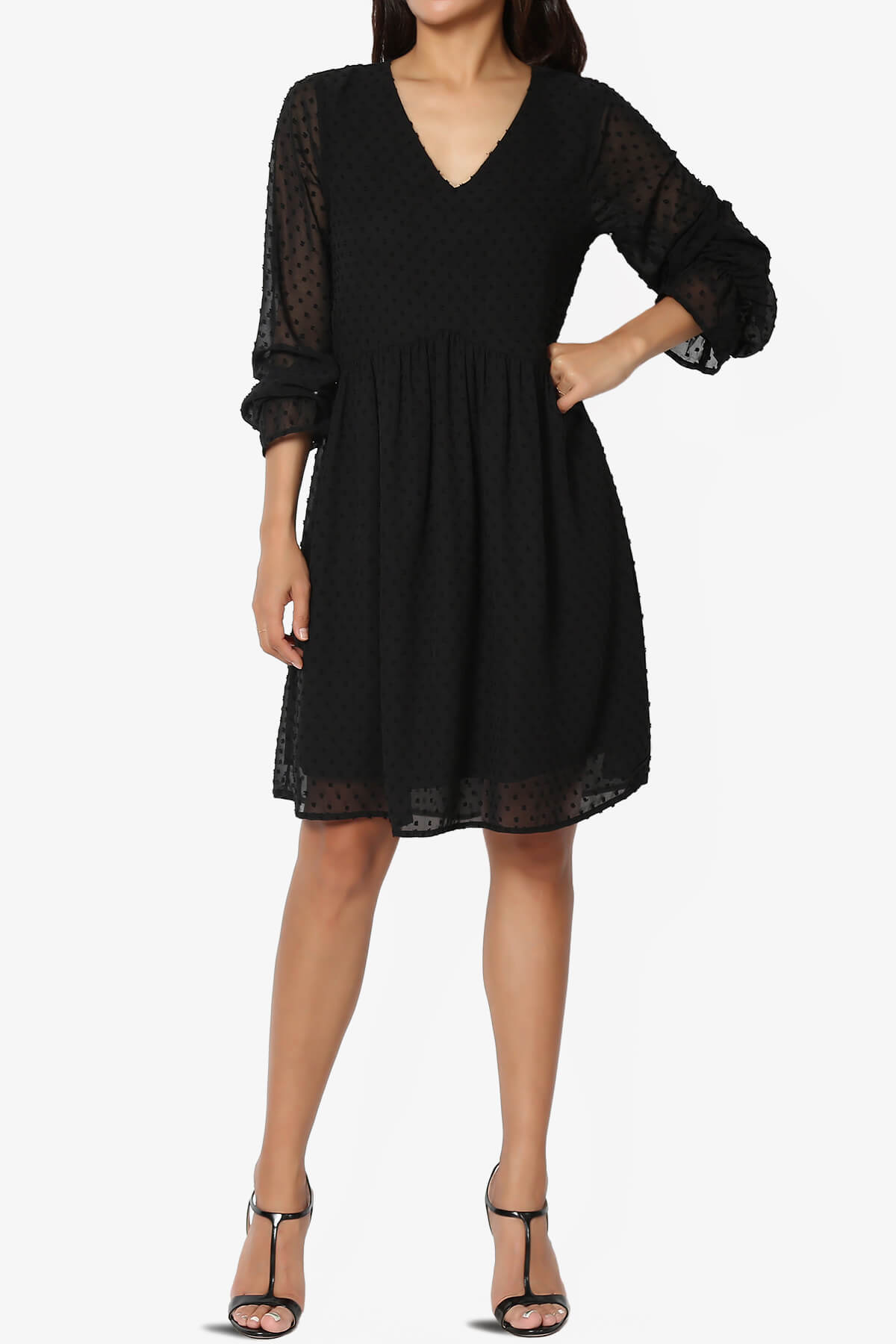 Sandra Swiss Dot Long Sleeve V-Neck Dress BLACK_6