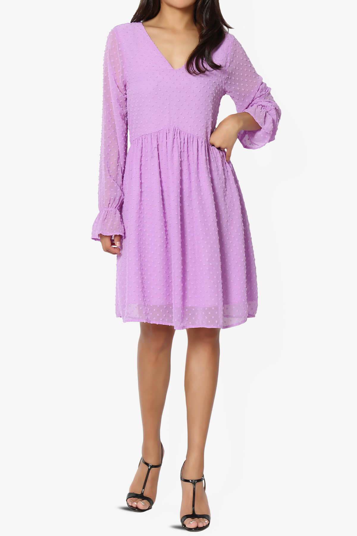 Sandra Swiss Dot Long Sleeve V-Neck Dress BRIGHT LAVENDER_6