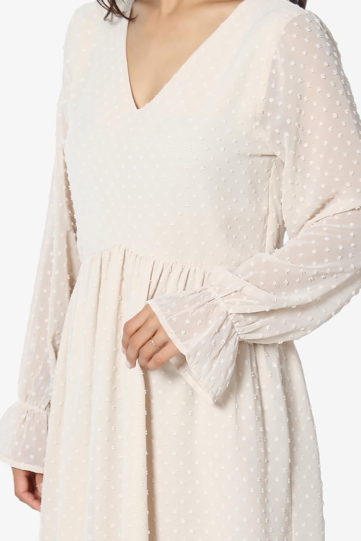 Sandra Swiss Dot Long Sleeve V-Neck Dress SAND BEIGE_5