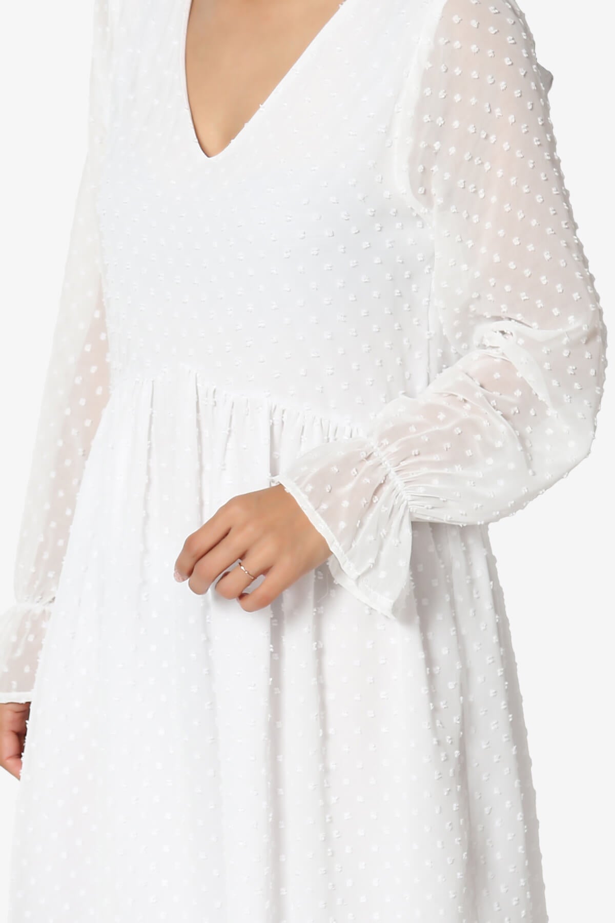 Sandra Swiss Dot Long Sleeve V-Neck Dress WHITE_5