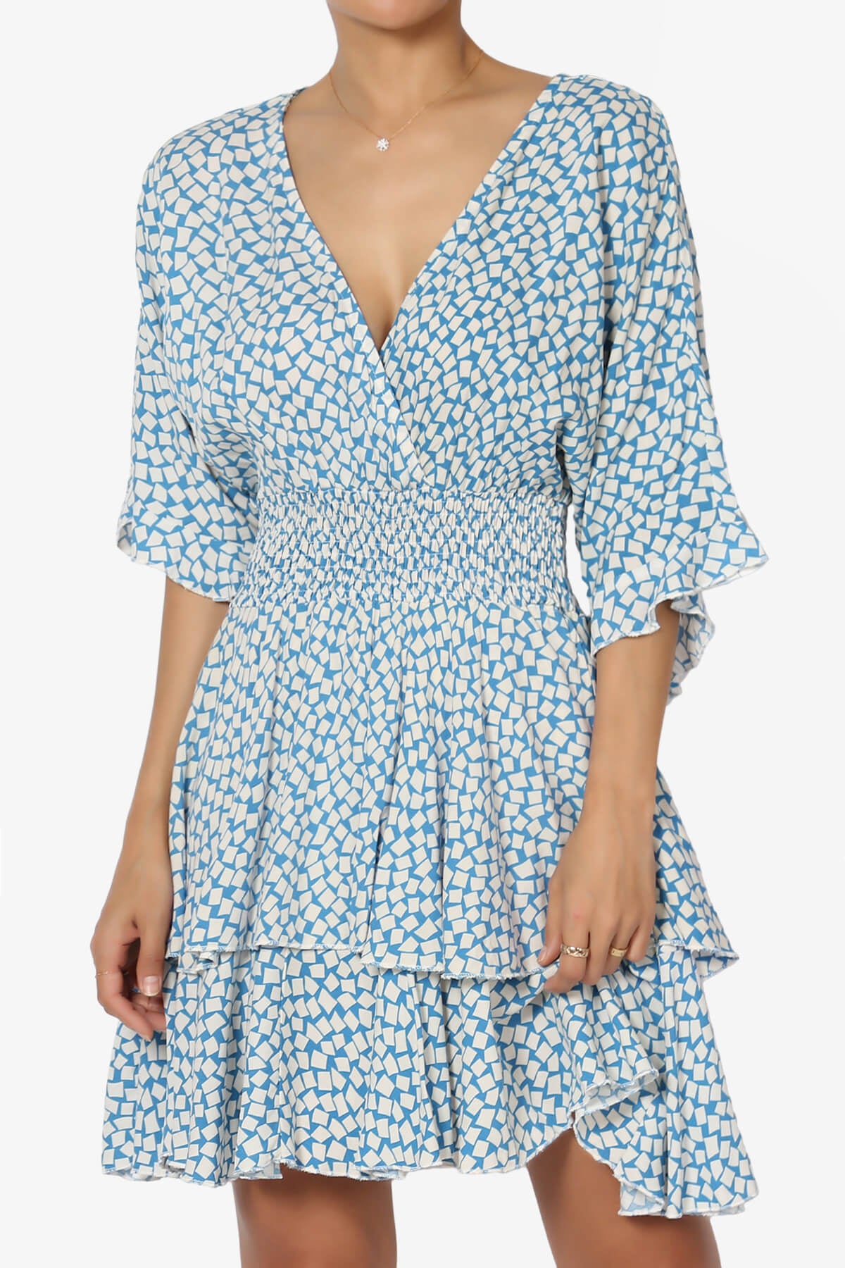 Square Print Surplice Mini Dress BLUE_1