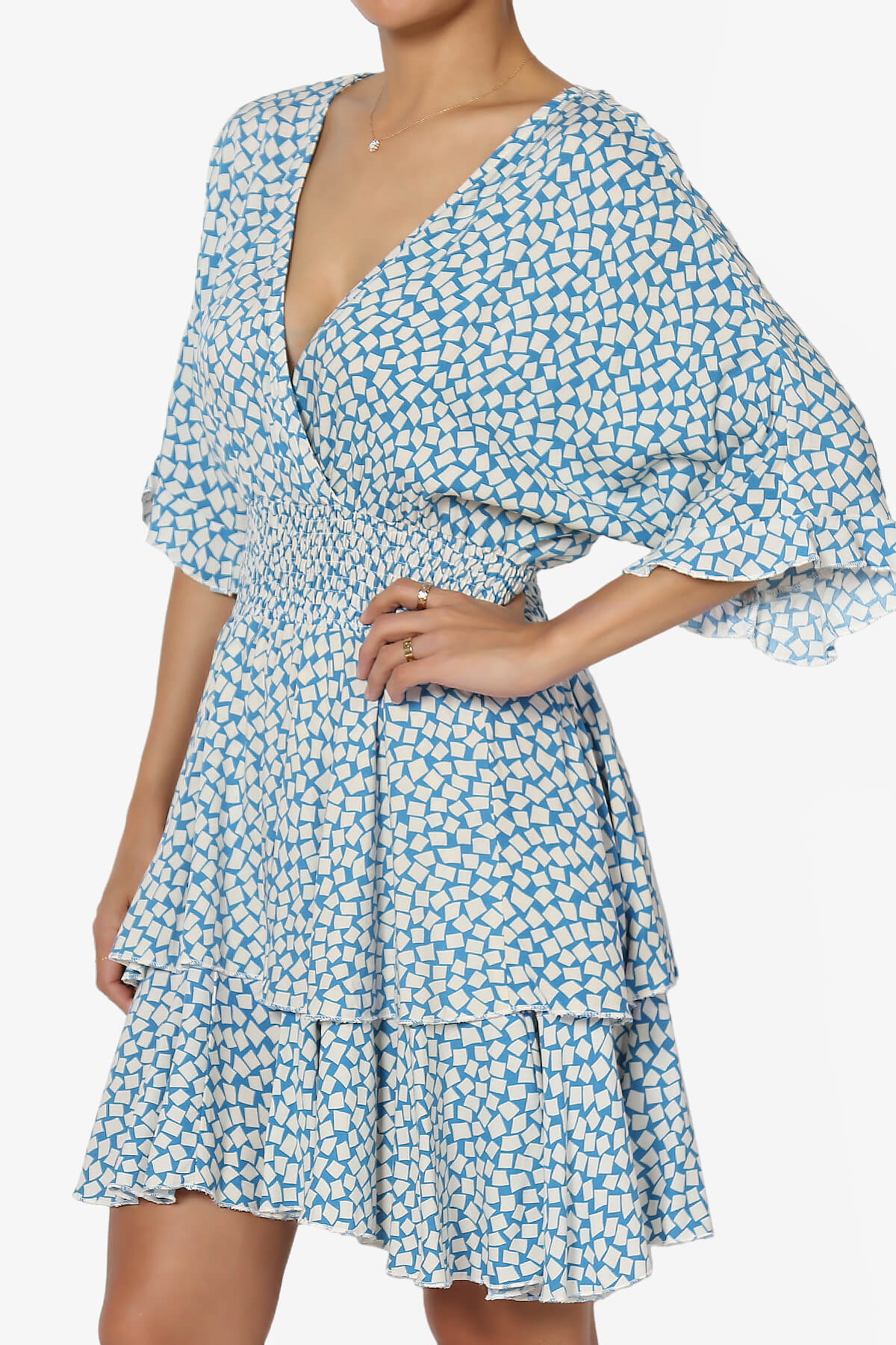 Square Print Surplice Mini Dress BLUE_3
