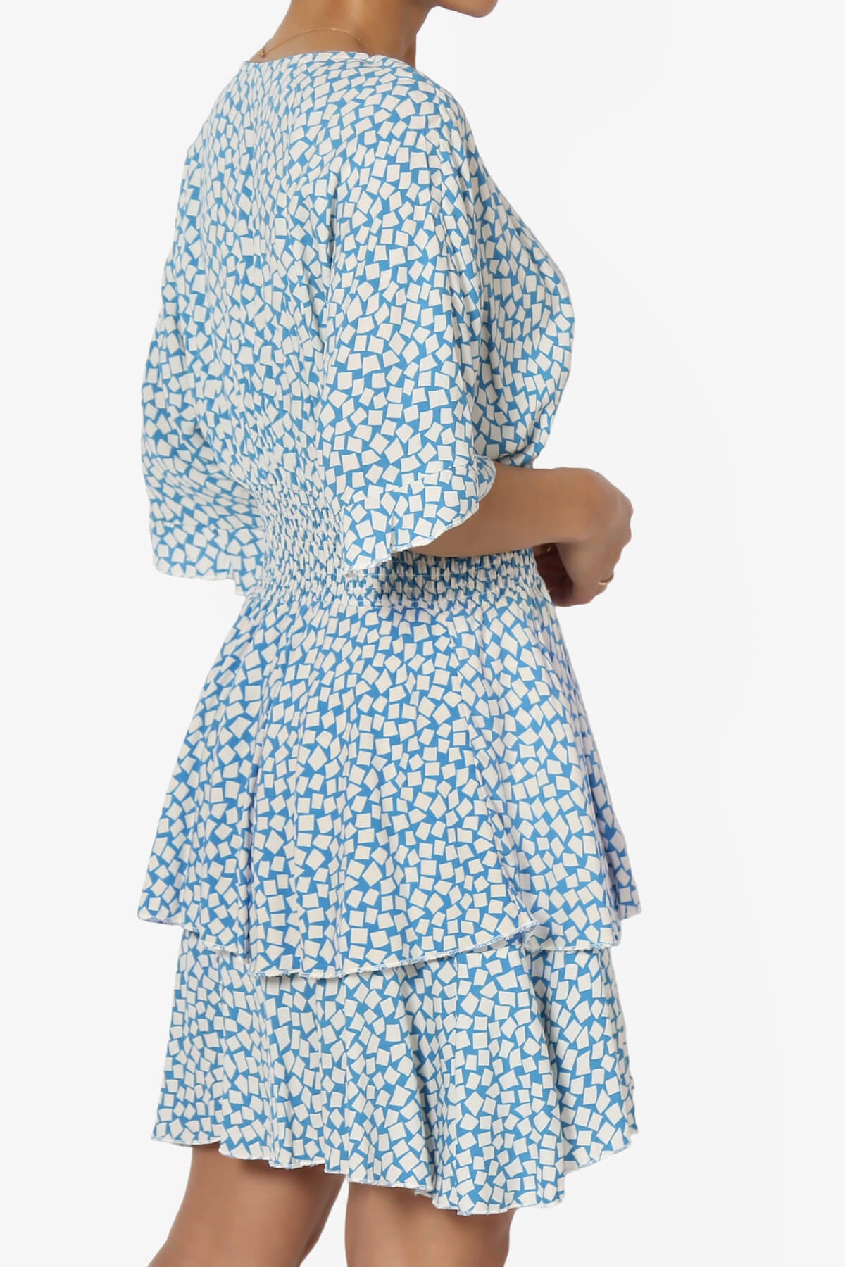 Square Print Surplice Mini Dress BLUE_4