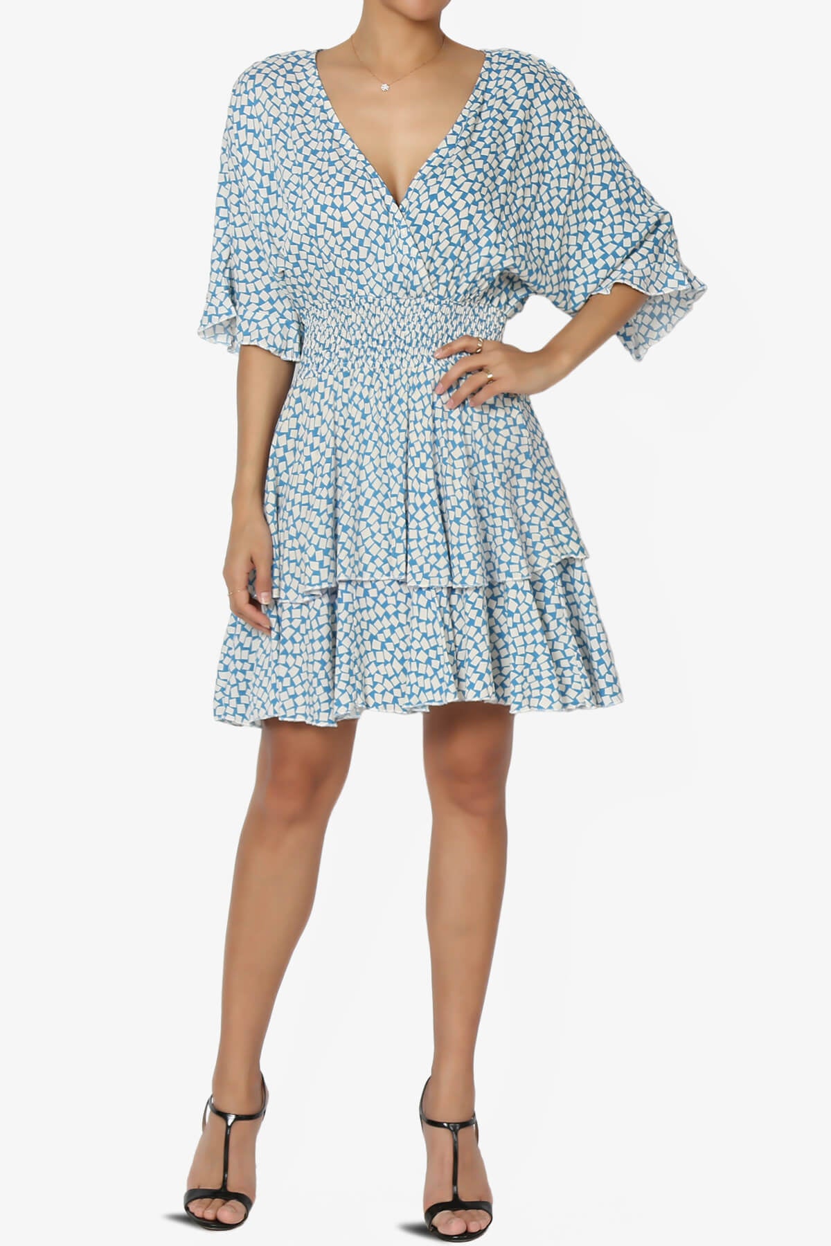 Square Print Surplice Mini Dress BLUE_6
