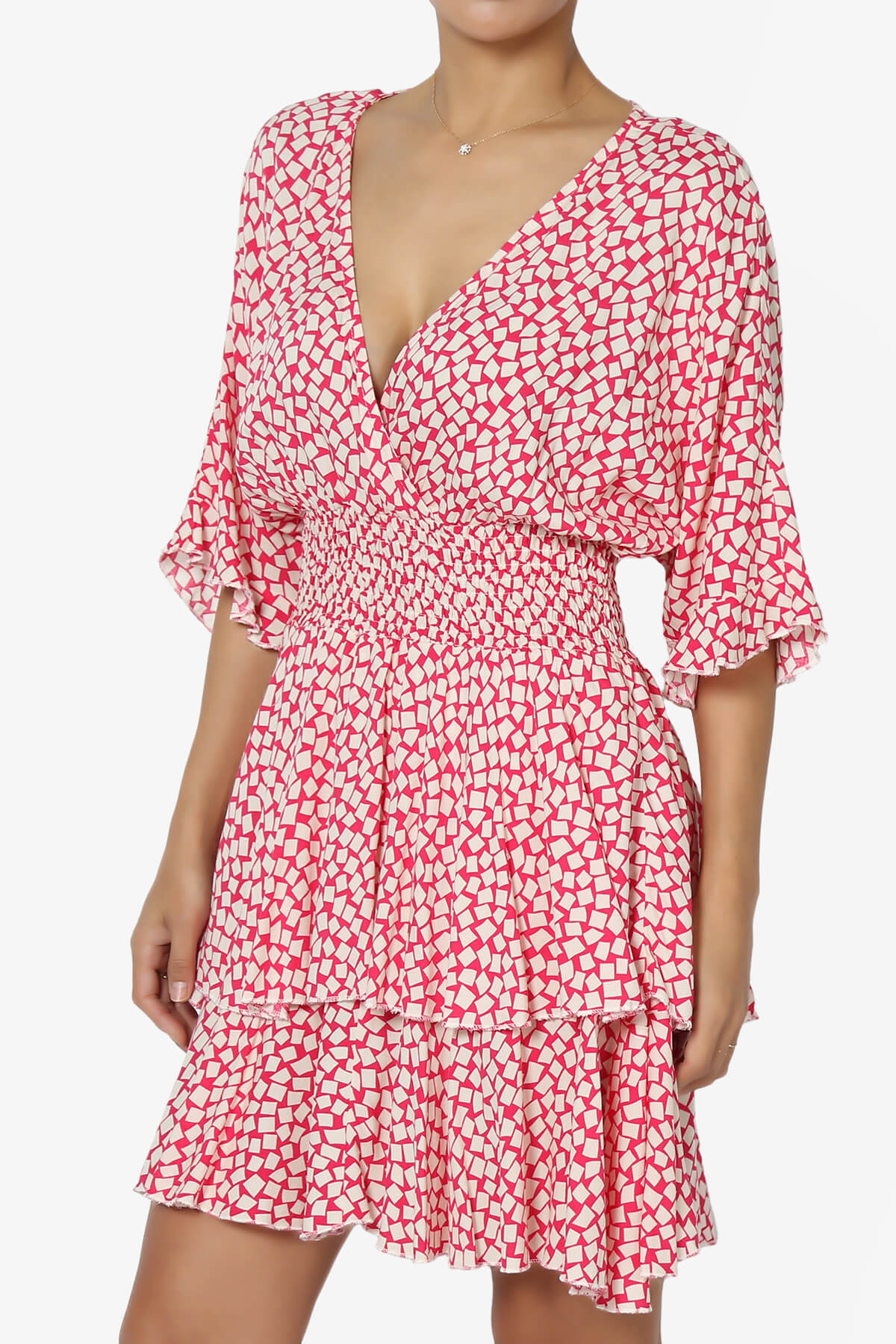 Square Print Surplice Mini Dress FUCHSIA_3