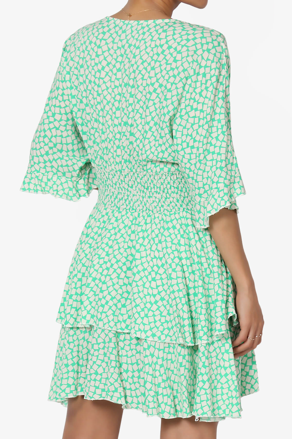 Square Print Surplice Mini Dress GREEN_2