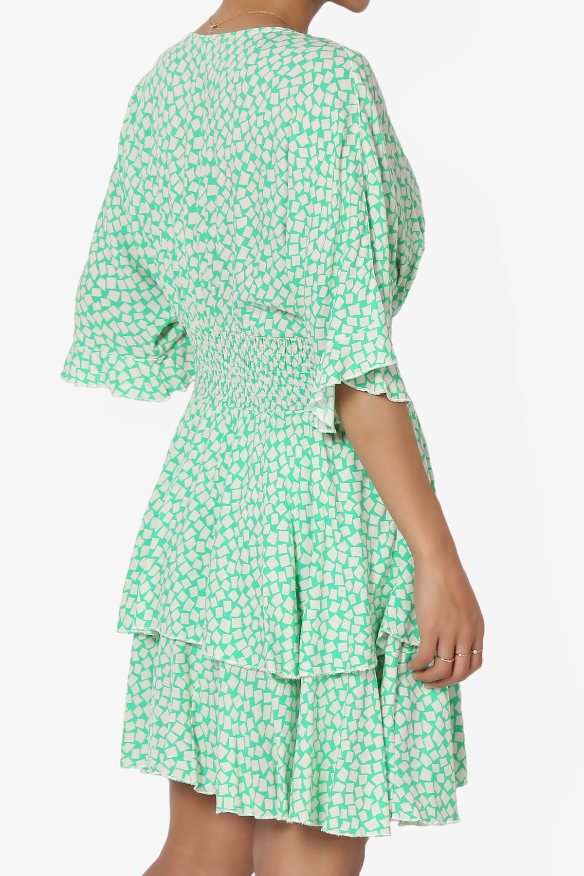 Square Print Surplice Mini Dress GREEN_4