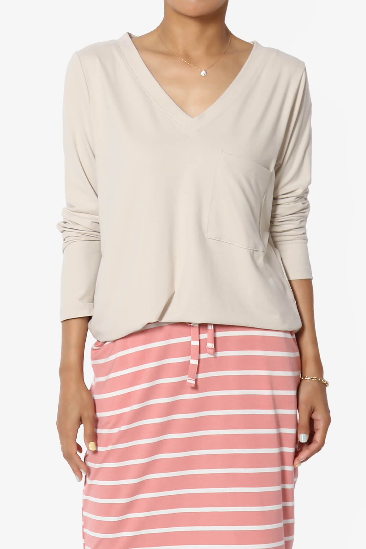 Susan Ultra Soft Chest Pocket Loose Fit T-Shirt SAND BEIGE_1