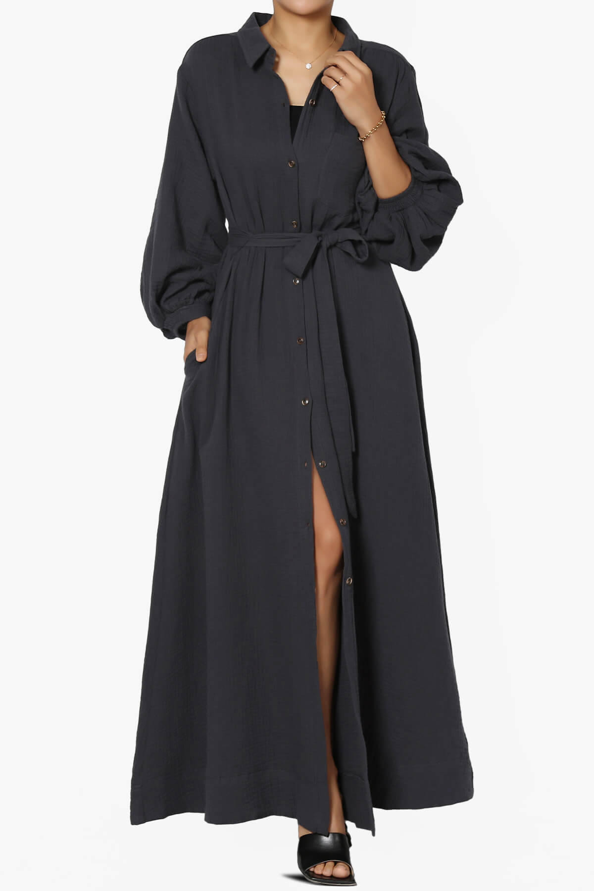 Sydnee Gauze Balloon Sleeve Belted Shirt Maxi Dress ASH BLACK_1