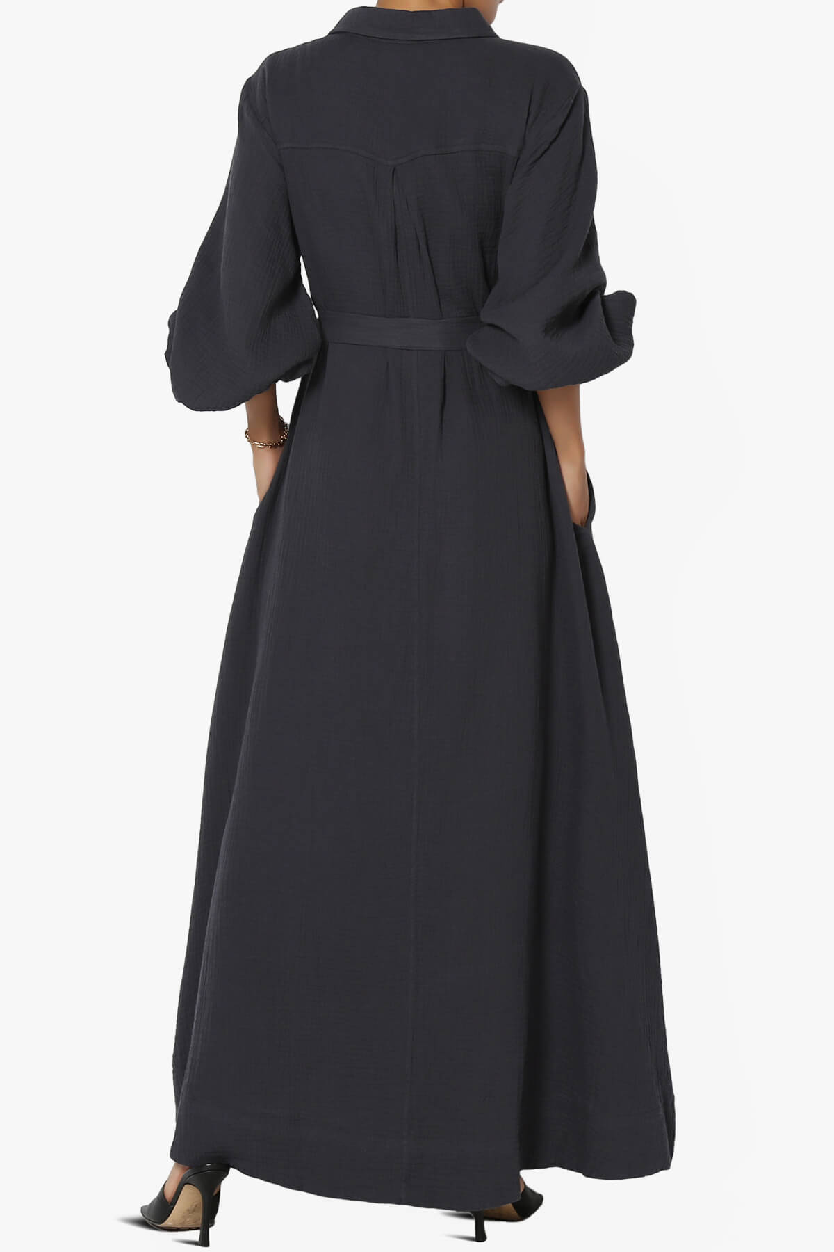 Sydnee Gauze Balloon Sleeve Belted Shirt Maxi Dress ASH BLACK_2