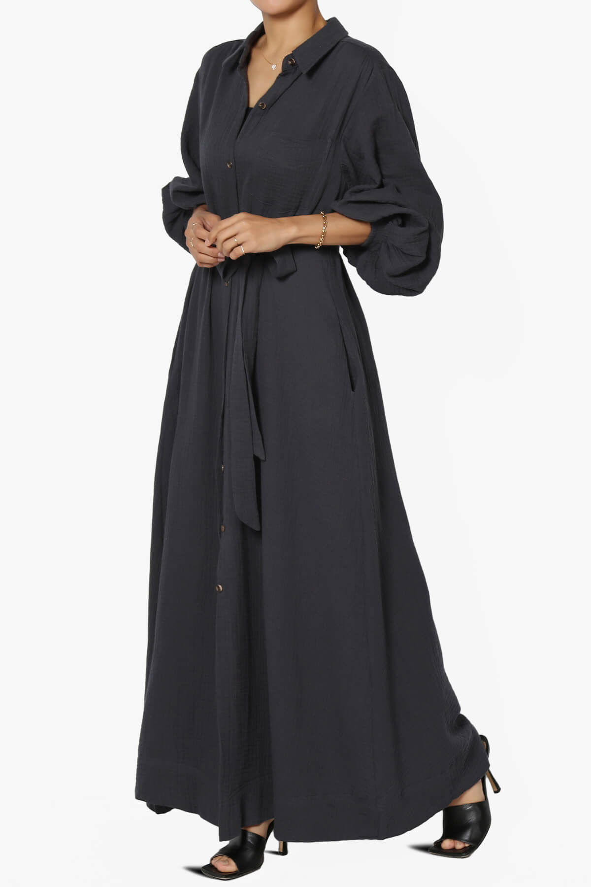 Sydnee Gauze Balloon Sleeve Belted Shirt Maxi Dress ASH BLACK_3