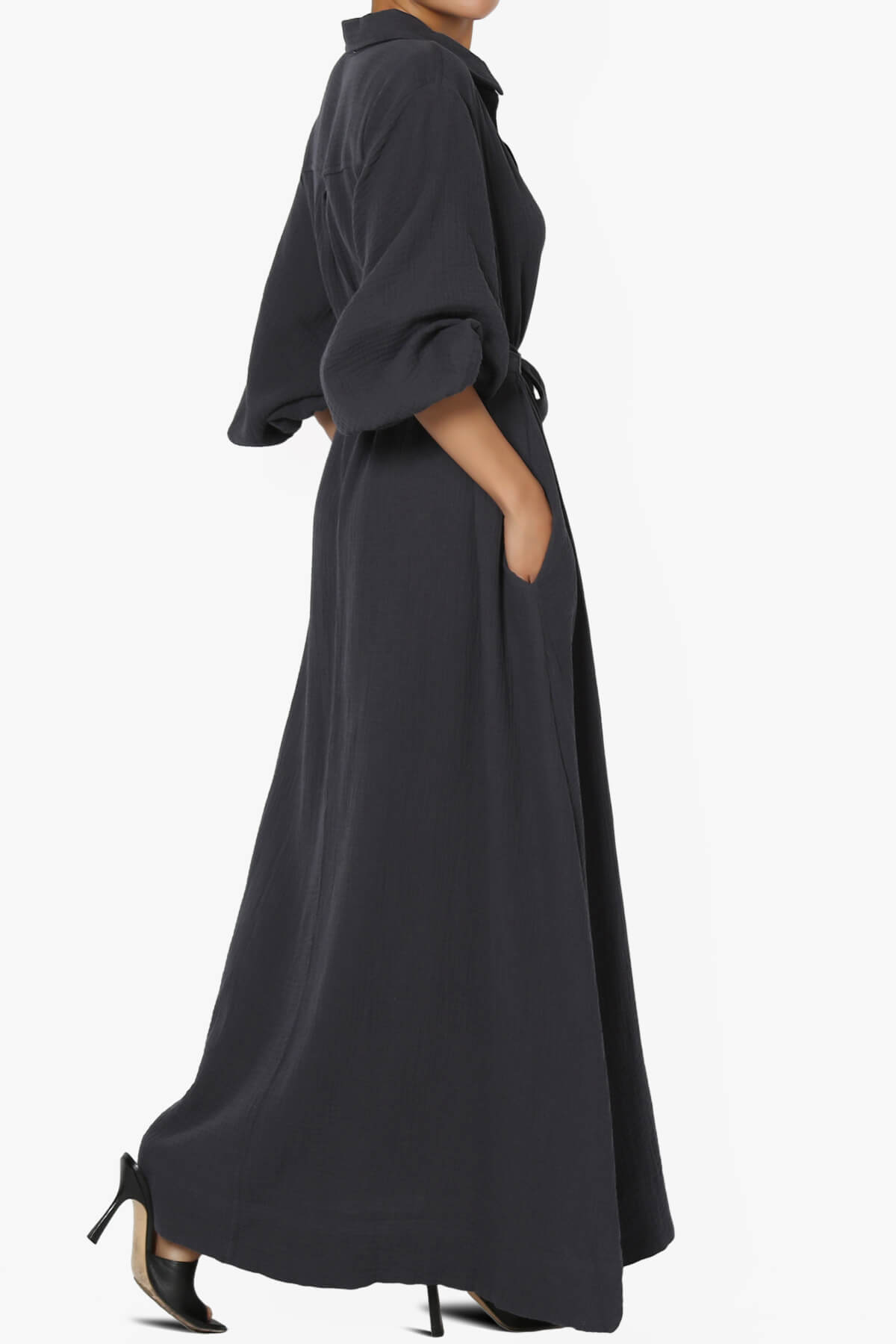 Sydnee Gauze Balloon Sleeve Belted Shirt Maxi Dress ASH BLACK_4