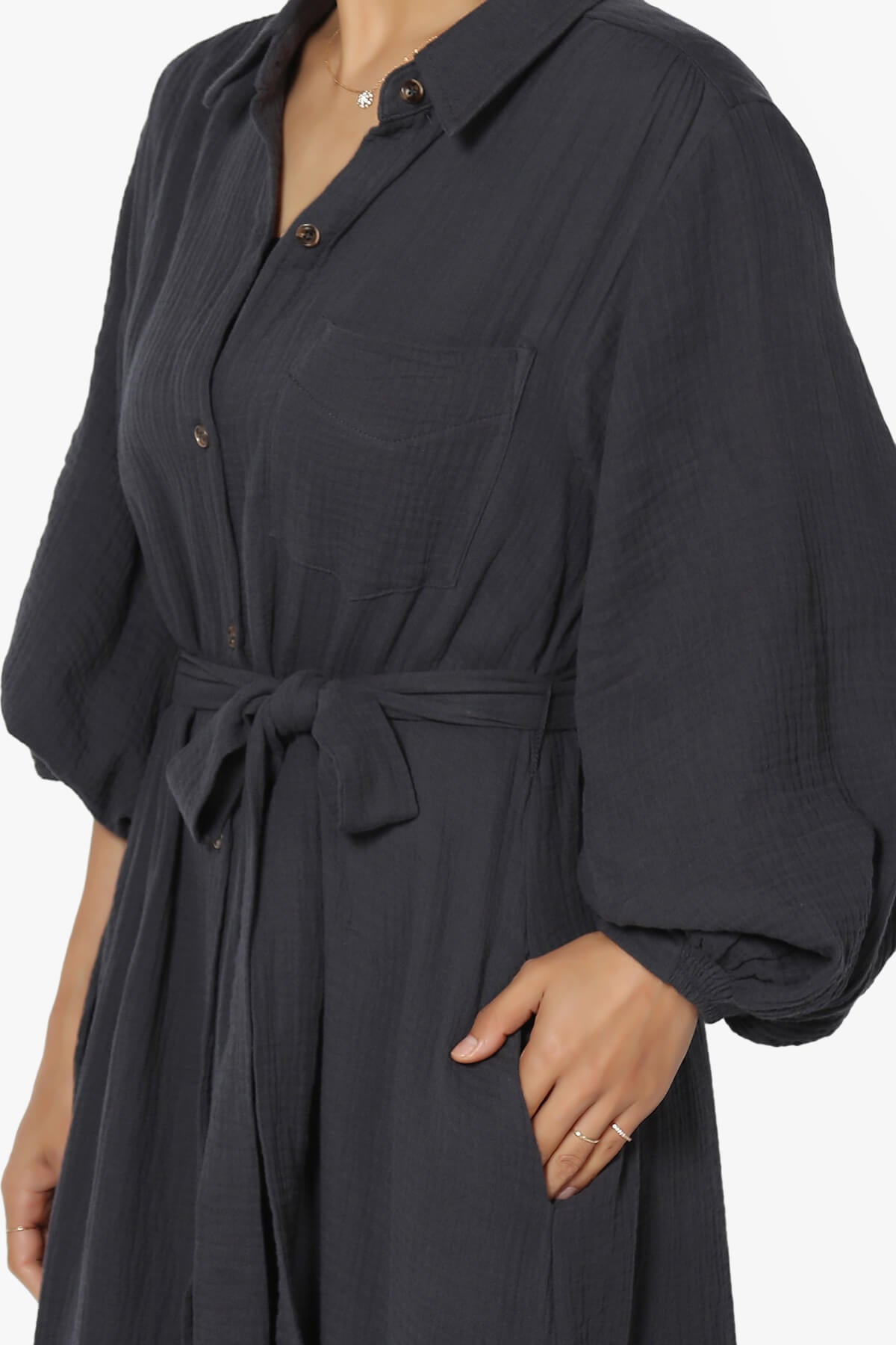 Sydnee Gauze Balloon Sleeve Belted Shirt Maxi Dress ASH BLACK_5